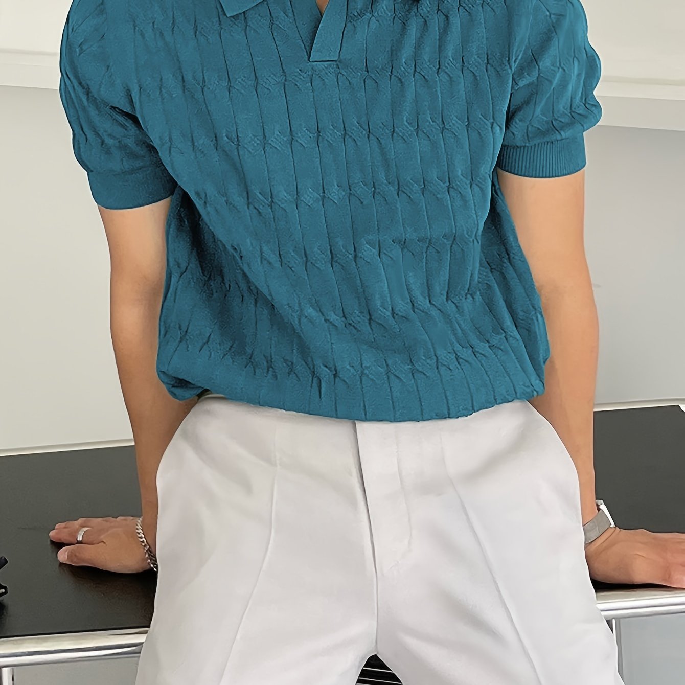 Chic Knit Shirt, Men's Casual Lapel Mid Stretch V-Neck Pullover Sweater