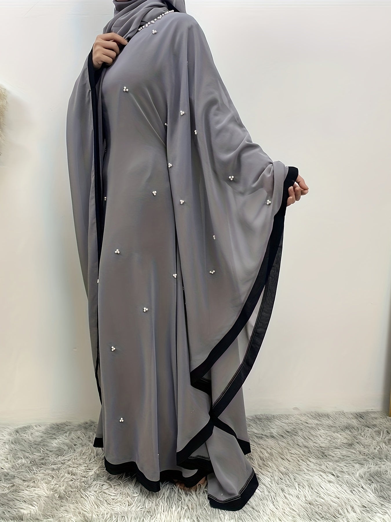 Beaded Contrast Trim Modest Dress, Elegant Batwing Sleeve Loose Maxi '/MH