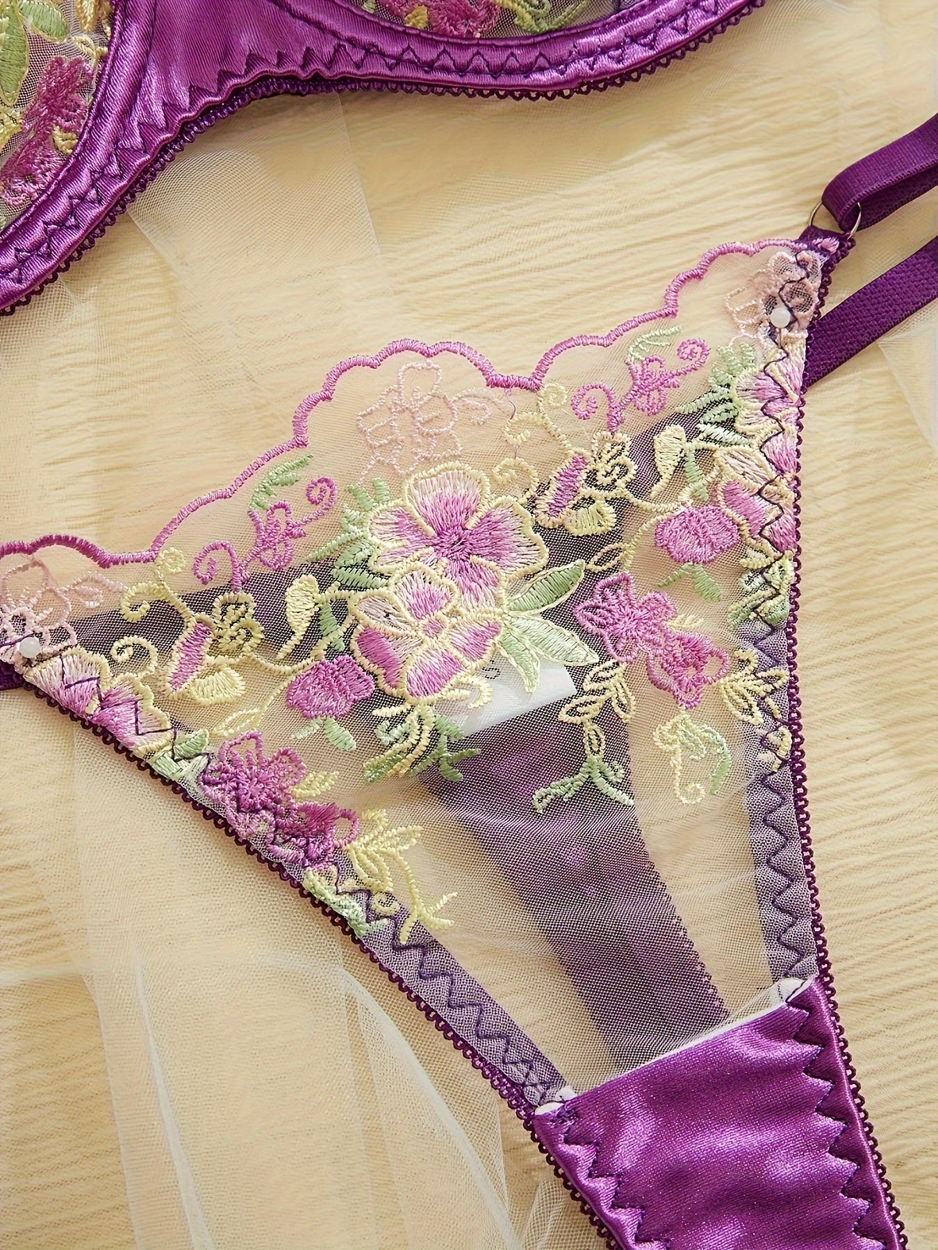 Sexy Floral Embroidery Semi Sheer Bra & Panty, /MH