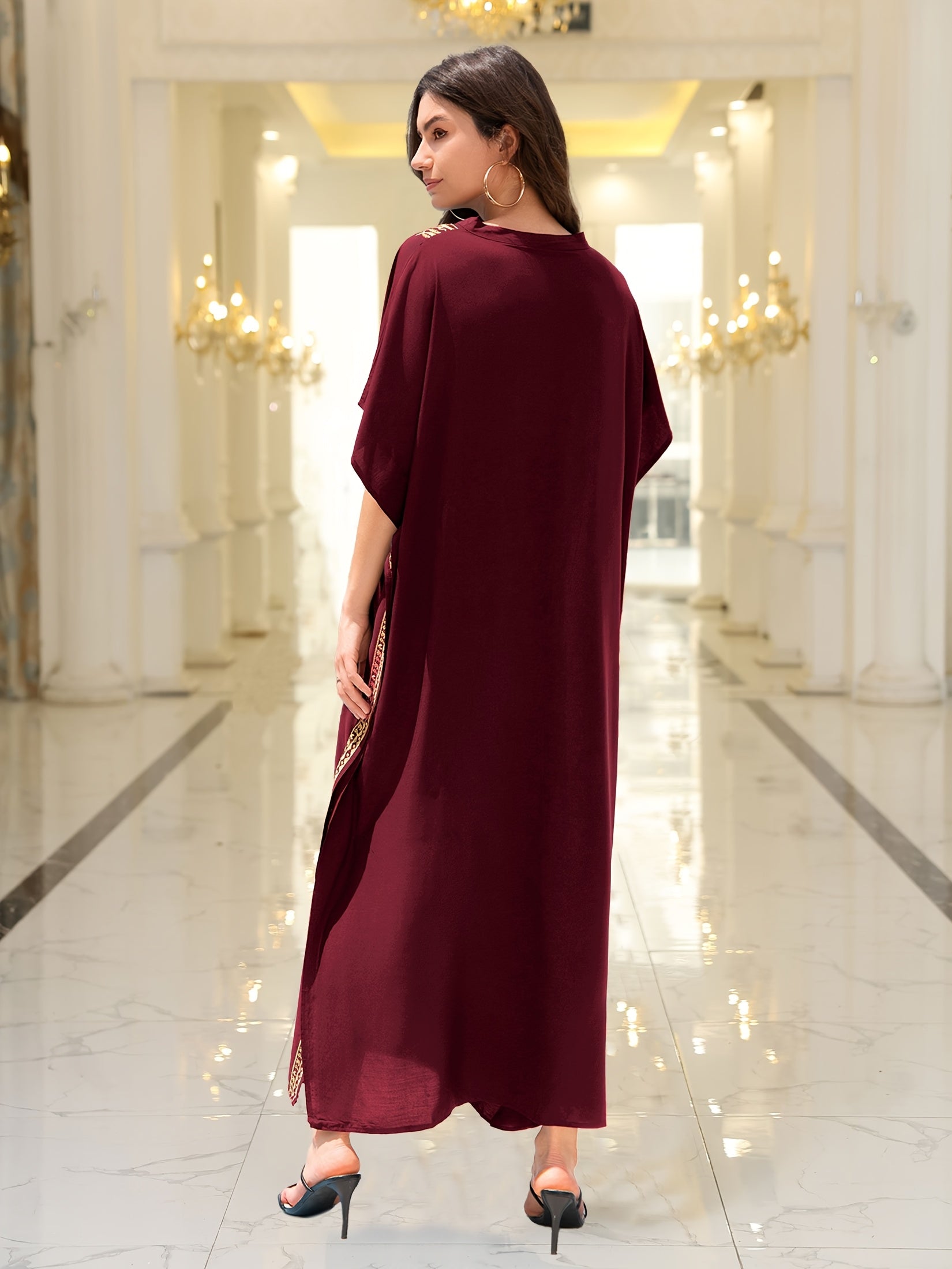 EDOLYNSA Plus Size Embroidered V-Neck Kaftan Dress, /MH