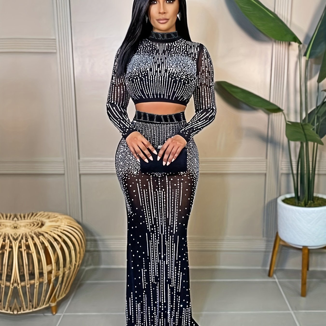 Party Rhinestone Two-piece Set, Bodycon Crop Top.