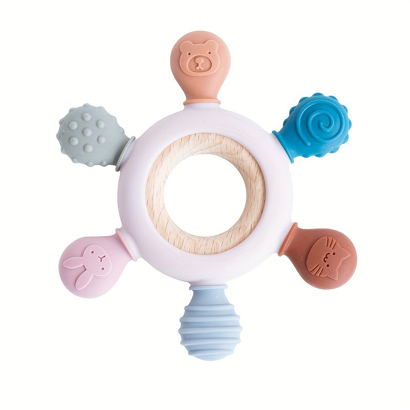 1pc Silicone Baby Teether, Rudder Shape Wooden Teether Ring, Touch Training BPA Free Newborn Chew Toy, Children's Dental Care Teething Toy, Halloween, Thanksgiving And Christmas Gift