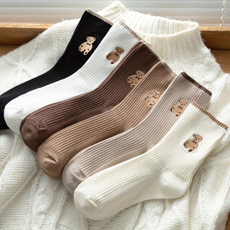5 Pairs of Adorable Cartoon Bear Pattern Mid Tube Socks -/MH