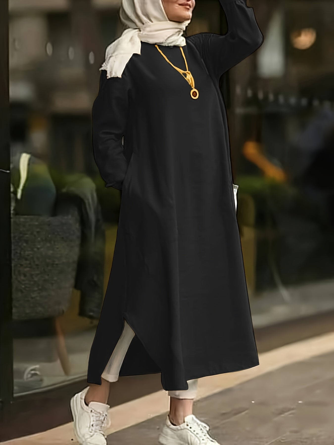 Solid Split Kaftan Dress, Modest Long Sleeve Maxi Dress '/MH
