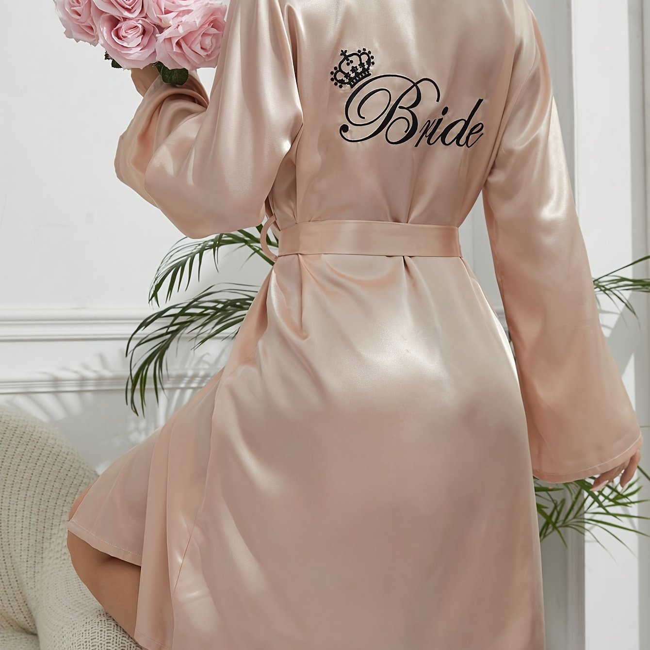 Elegant White Satin Robe for Women with Golden "BRIDE" Embroidery - V-Neck