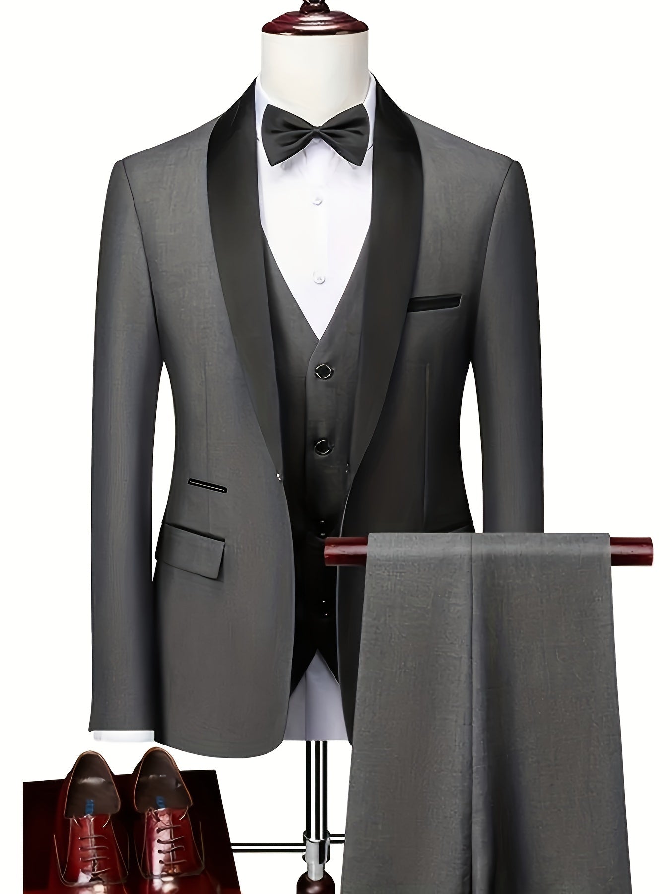 3pcs Classic Dress Suit Set For Men, Shawl Lapel Collar Buttoned Blazer,