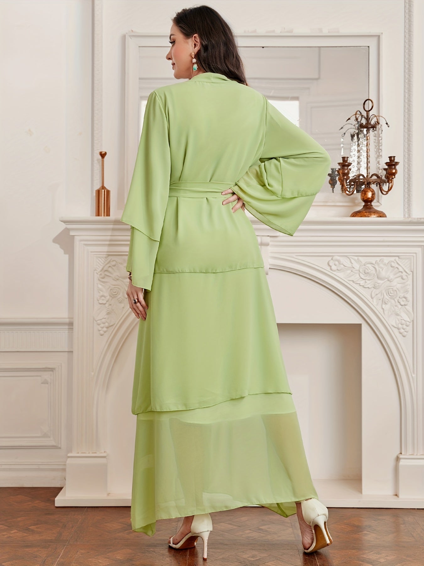 Layered Open Front Modest Dress, Long Sleeve Muslim Dress'/MH