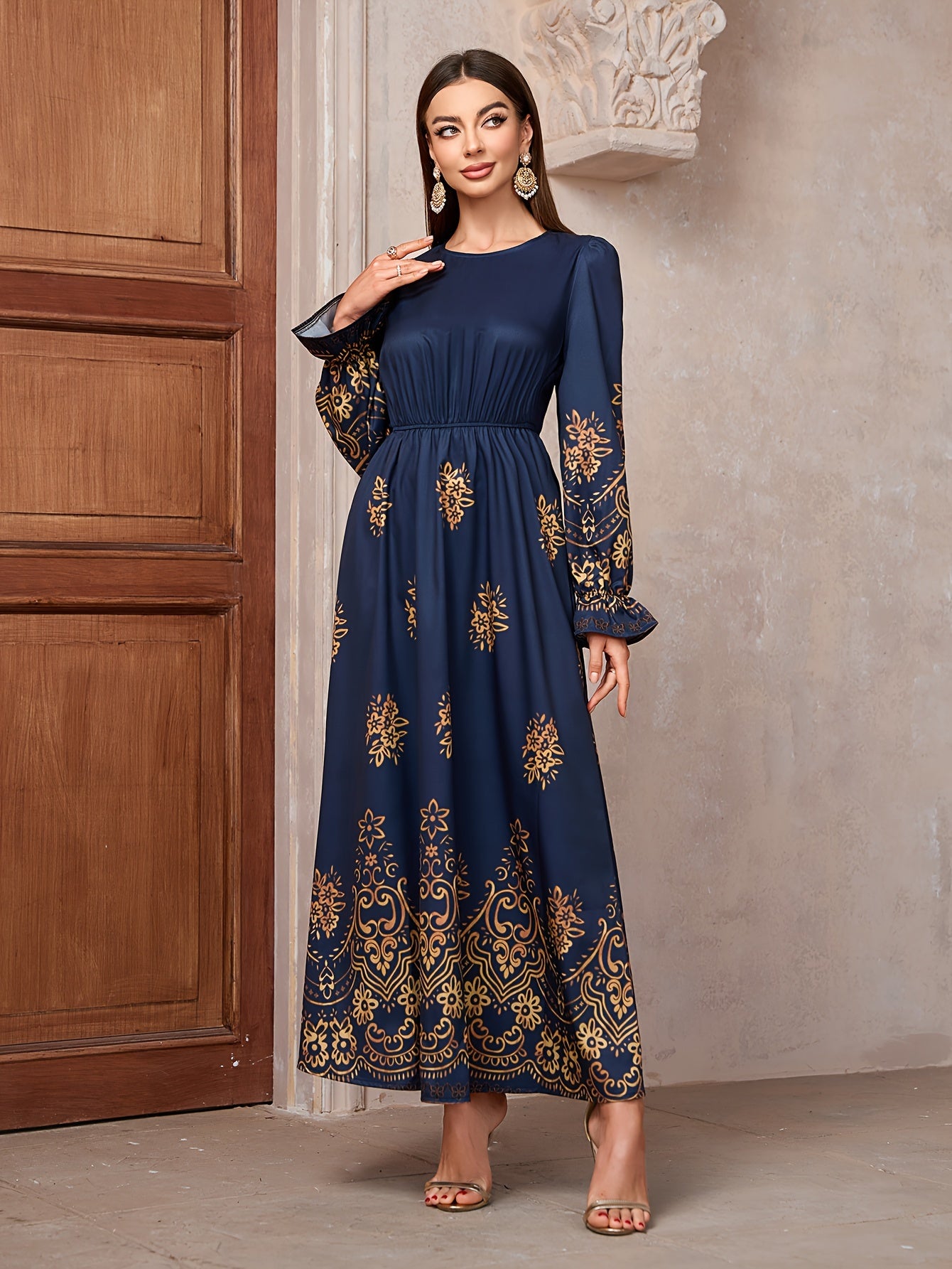 Floral Print Crew Neck Kaftan Dress, Elegant Long Sleeve 'MH
