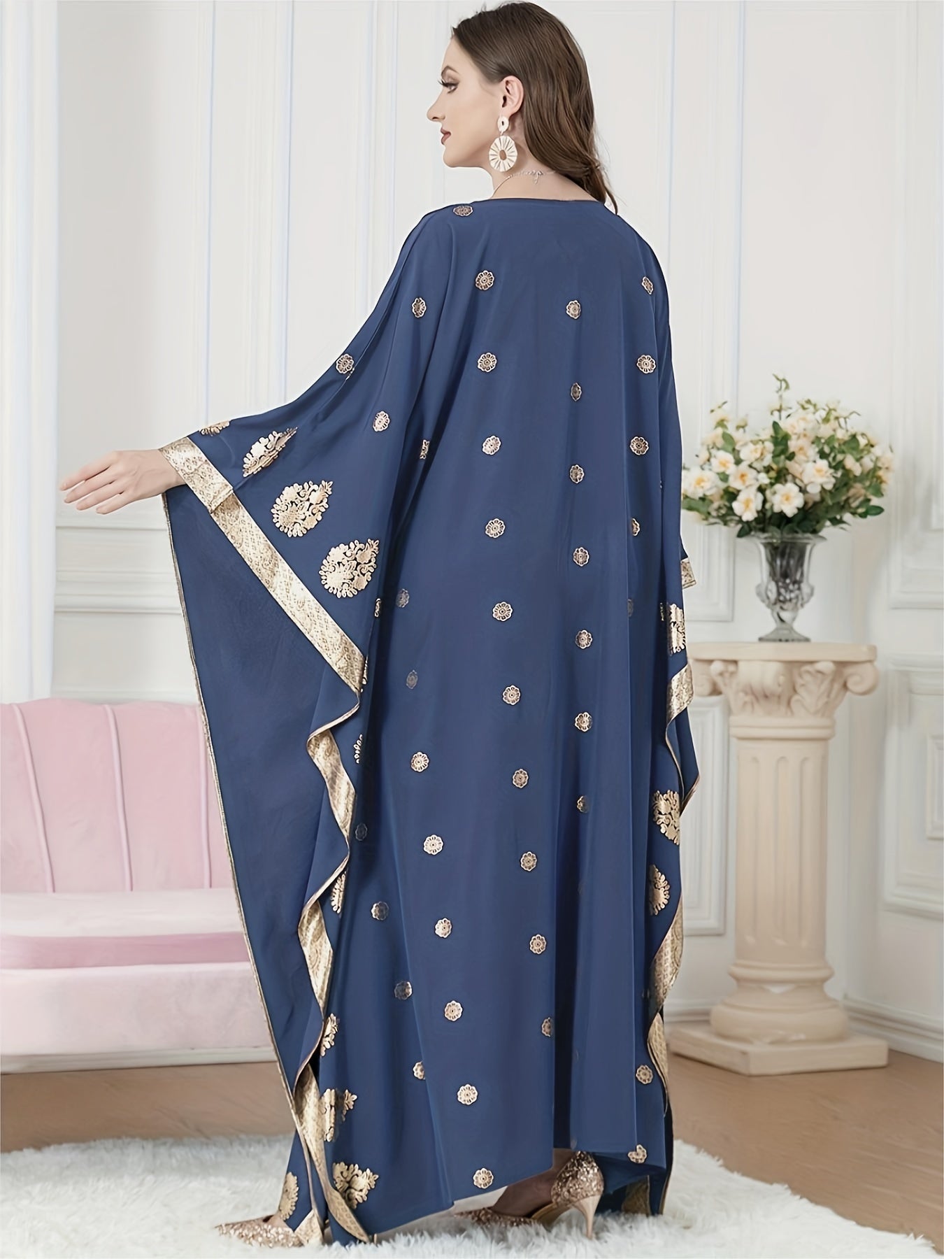 Graphic Print Batwing Sleeve Kaftan Dress, /MH