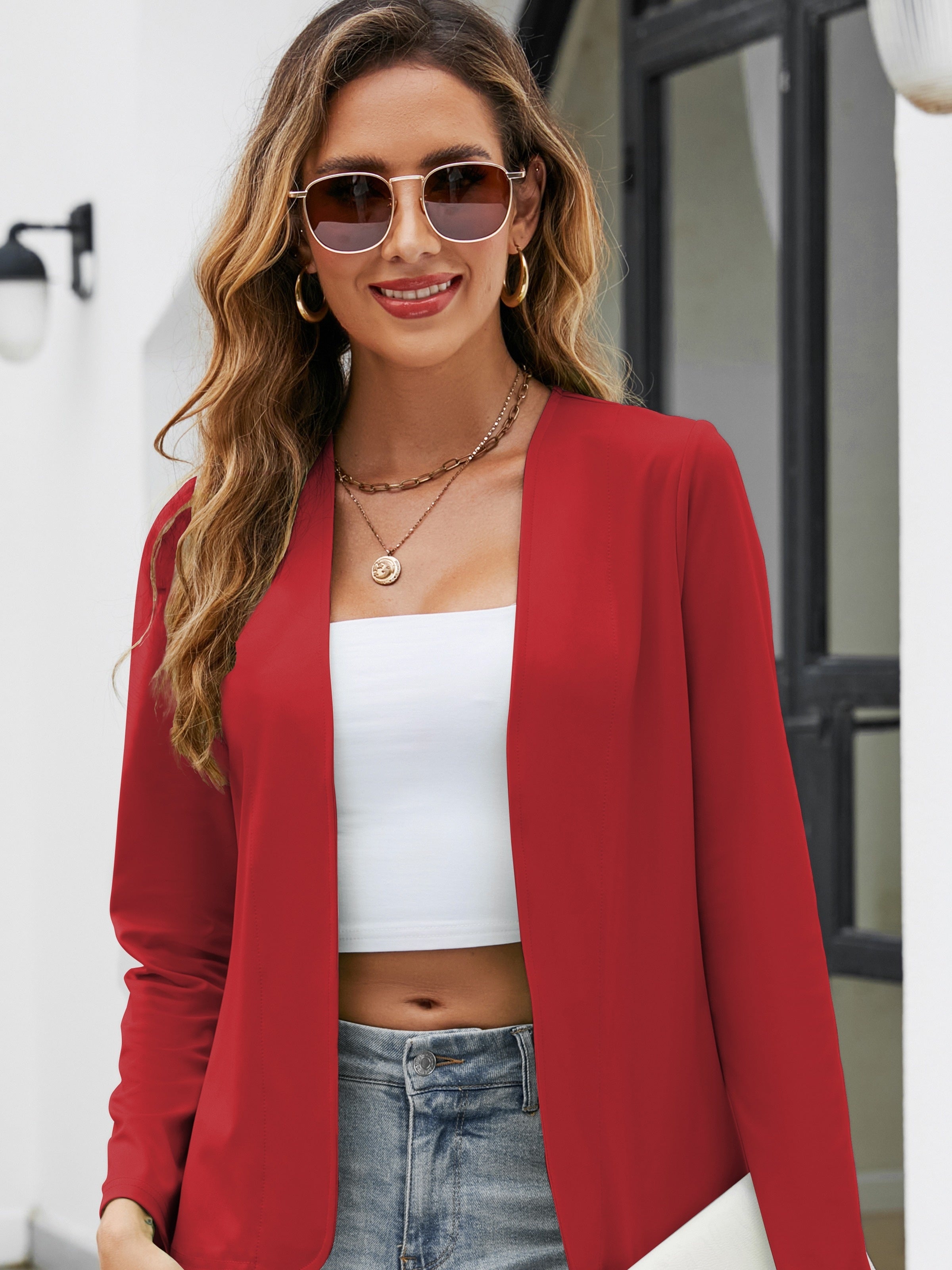 Solid Open Front Blazer, Casual Long Sleeve Work Office Outerwear,