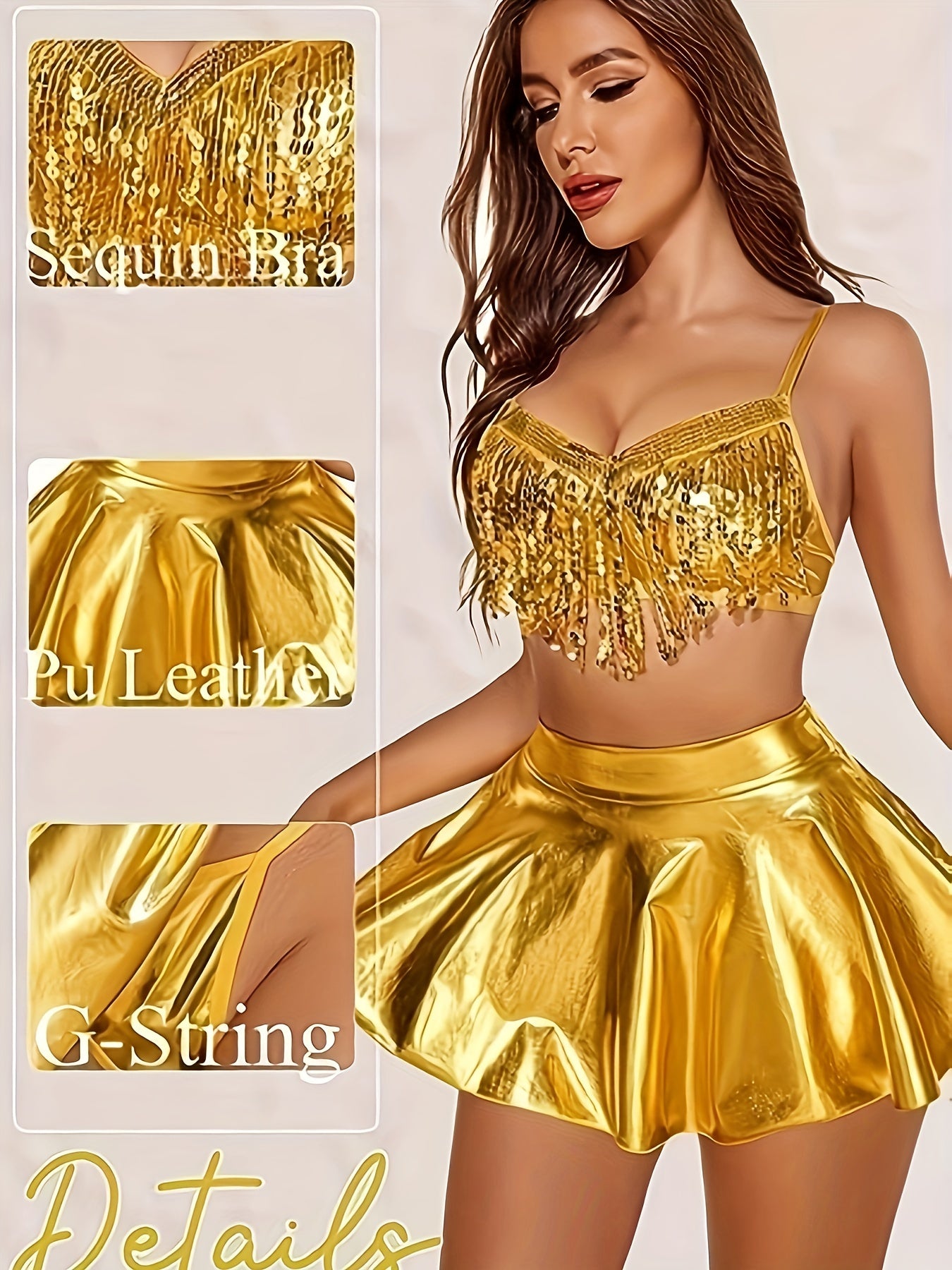Solid PU Lingerie Set, Sequin Tassel Bra & Skirt & Thong, /MH