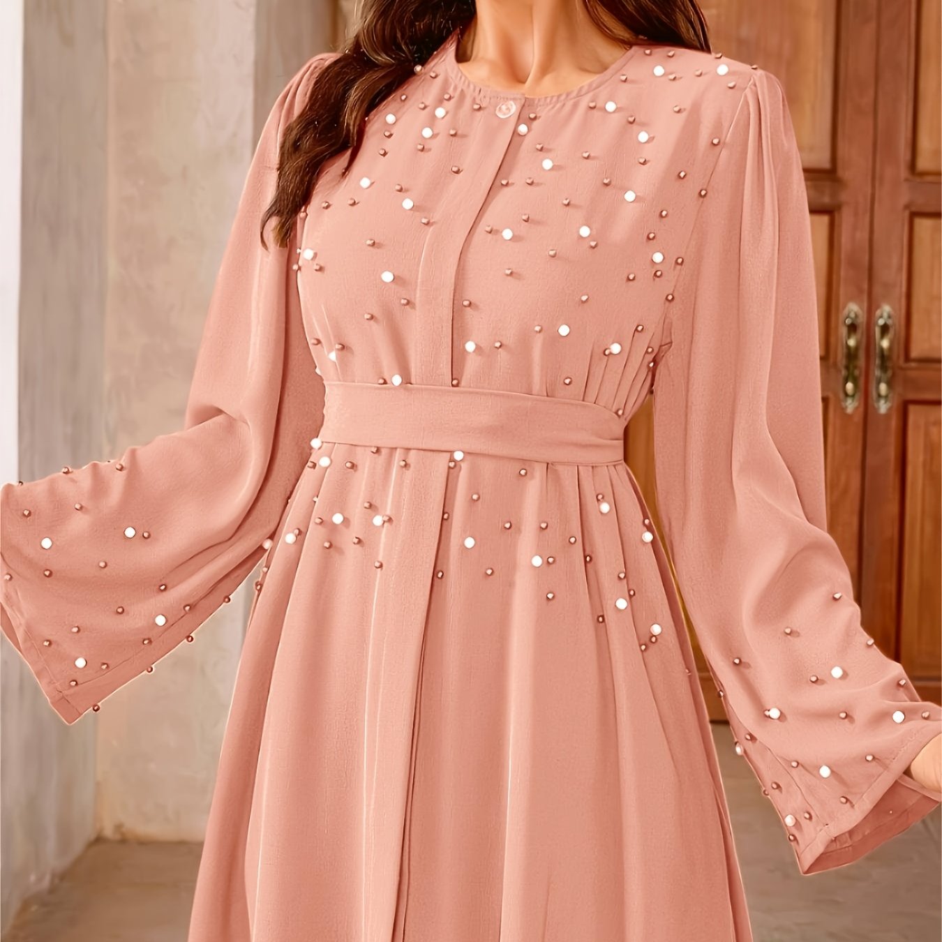 Elegant Pearl Embellished Burgundy Abaya./MH
