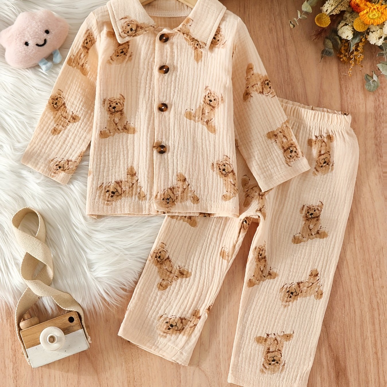 Baby's Cute Cartoon Graphic Pajamas Set Long Sleeve Top & Pants Outfit, Loungewear