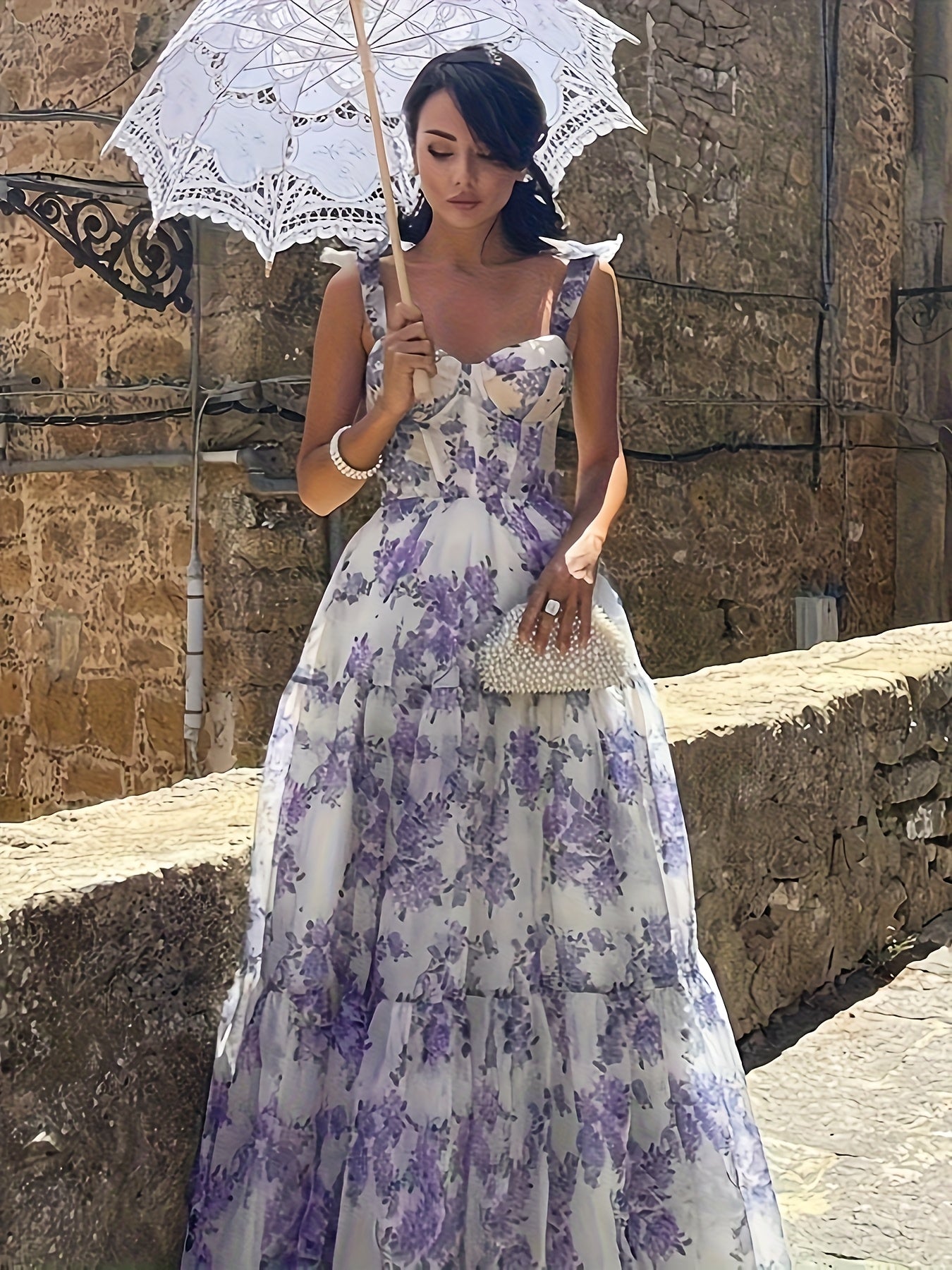 Elegant French Floral Off-Shoulder Long Dress - /MH