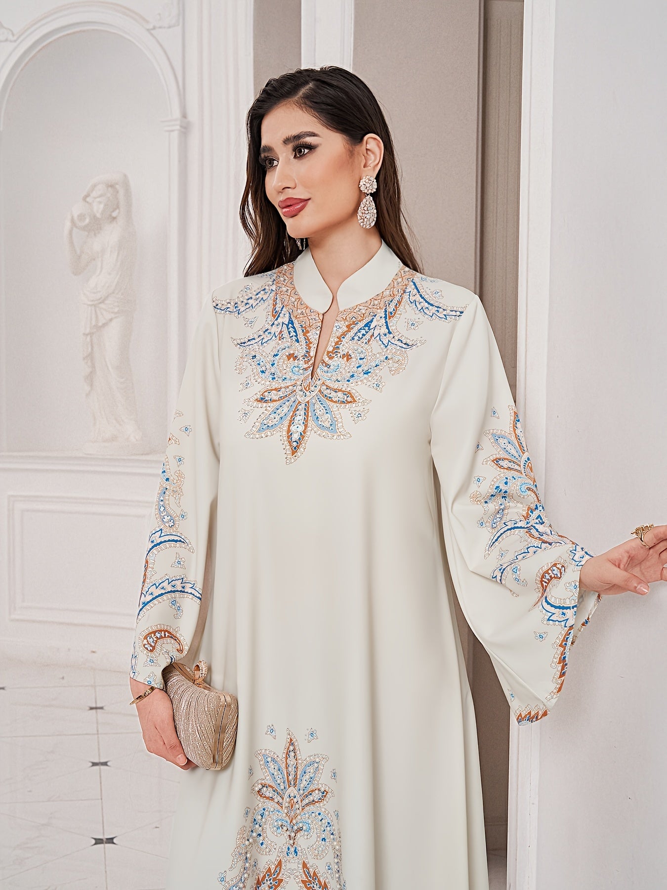 Floral Print Mock Neck Long Sleeve Kaftan Dress, /MH