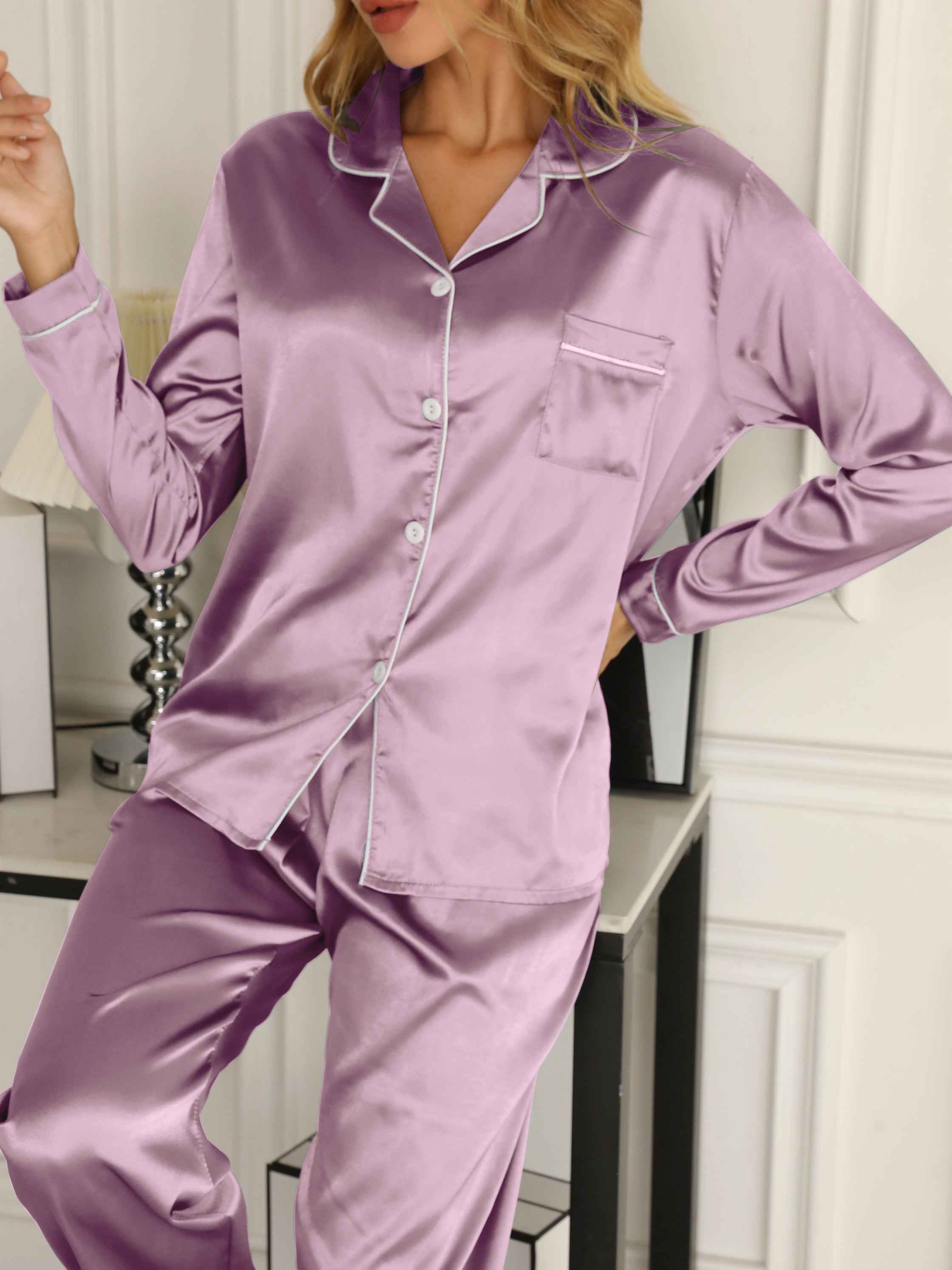 Cozy Solid Pajama Set - Soft Long Sleeve Button.