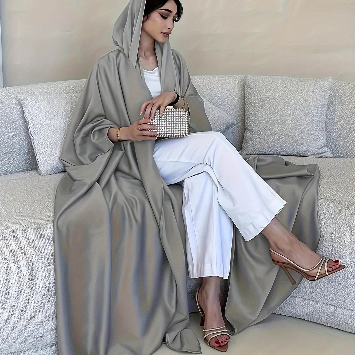 Open Front Hoodie Kaftan Dress, Elegant Long Batwing Sleeve Non-Stretch '/MH