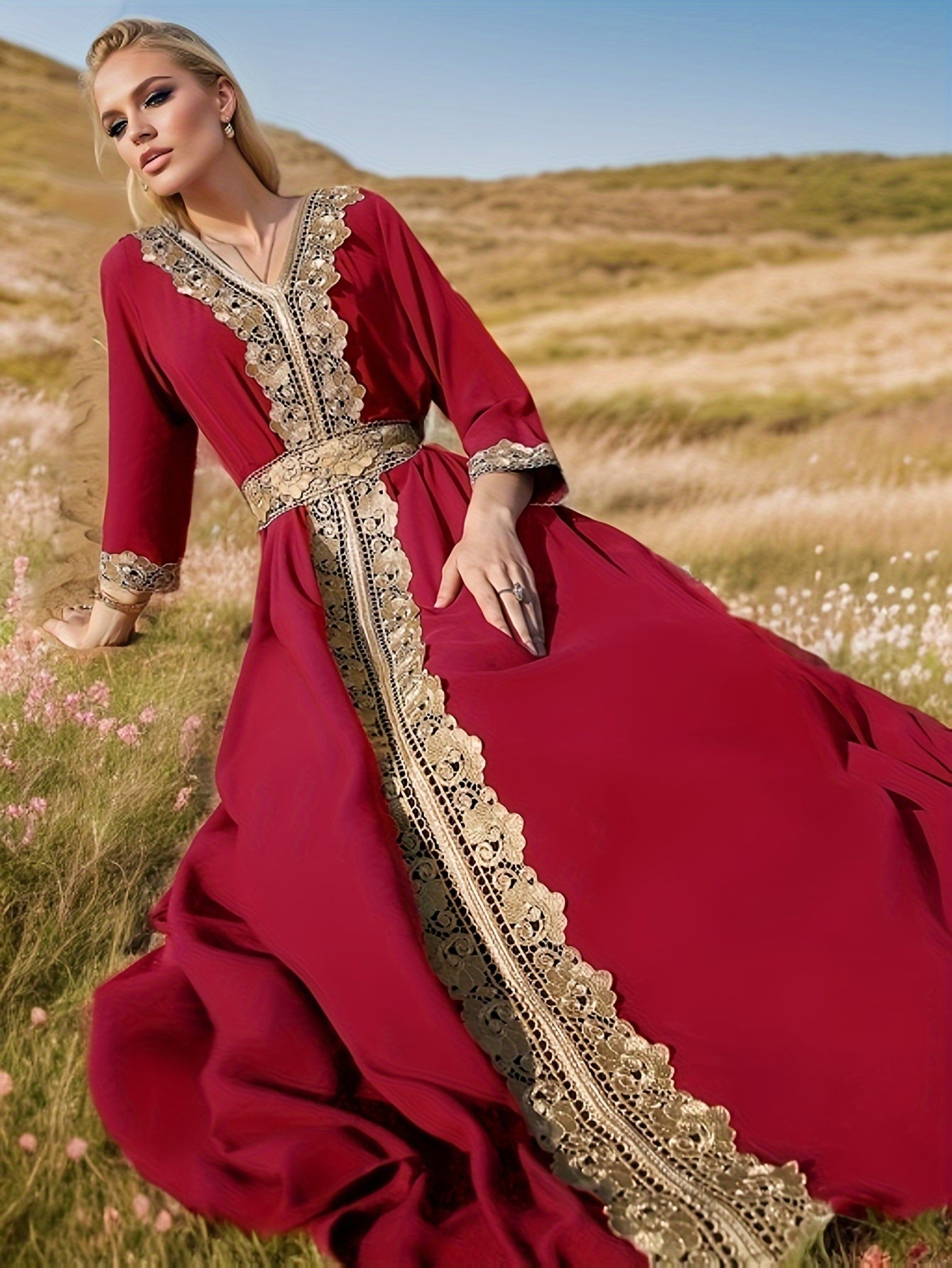 Ramadan Lace Trim V Neck Kaftan, Elegant Long Sleeve 'MH