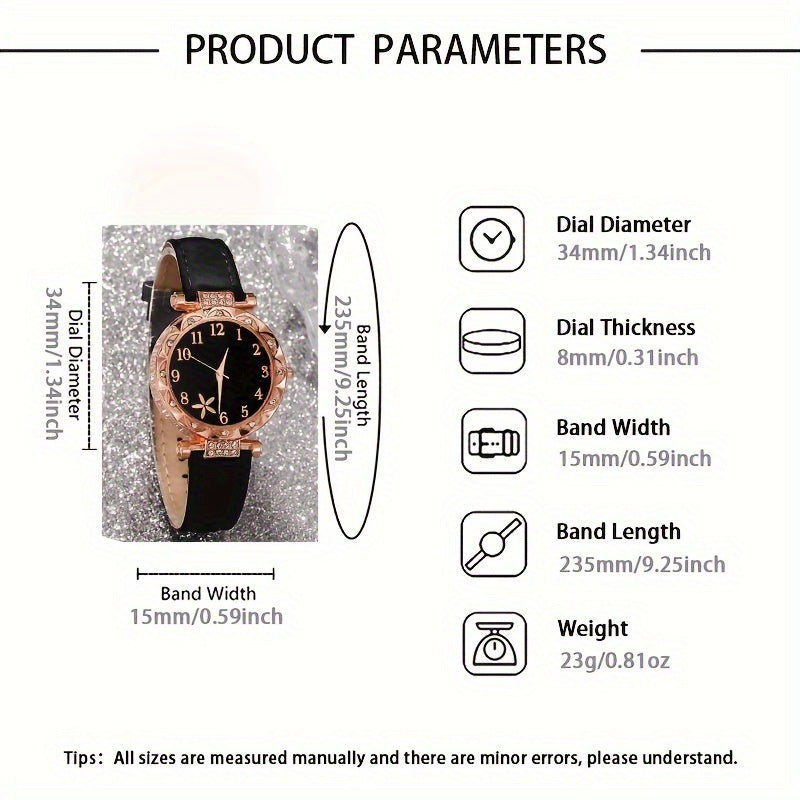 6pcs/set Elegant Flower Rhinestone Quartz Watch Analog PU Leather Wrist Watch & Bracelets, Valentine's Day Ramadan Gifts For Women Her