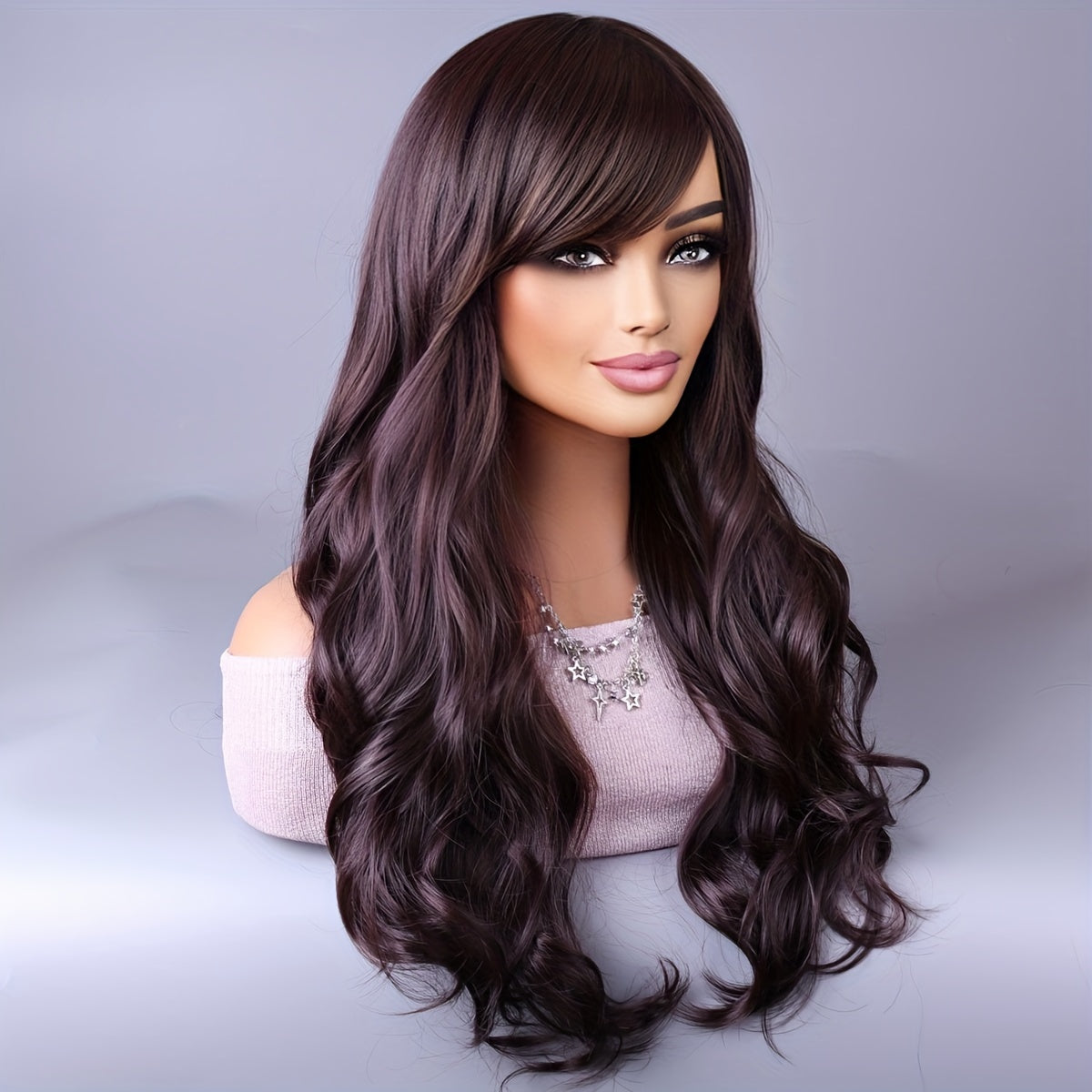 Long Reddish Brown Curly Wig With Bangs For Women Curly Wavy Wigs Synthetic Heat Resistant Fiber For Daily Party Cosplay Use