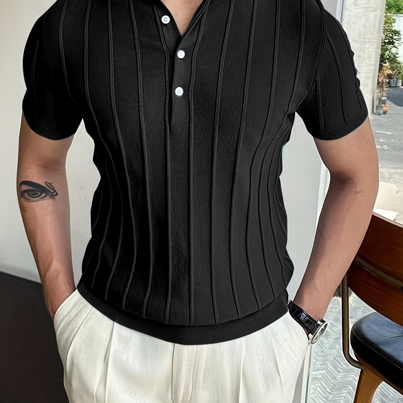 Vertical Striped Chic Shirt, Men's Casual Solid Color High Stretch .