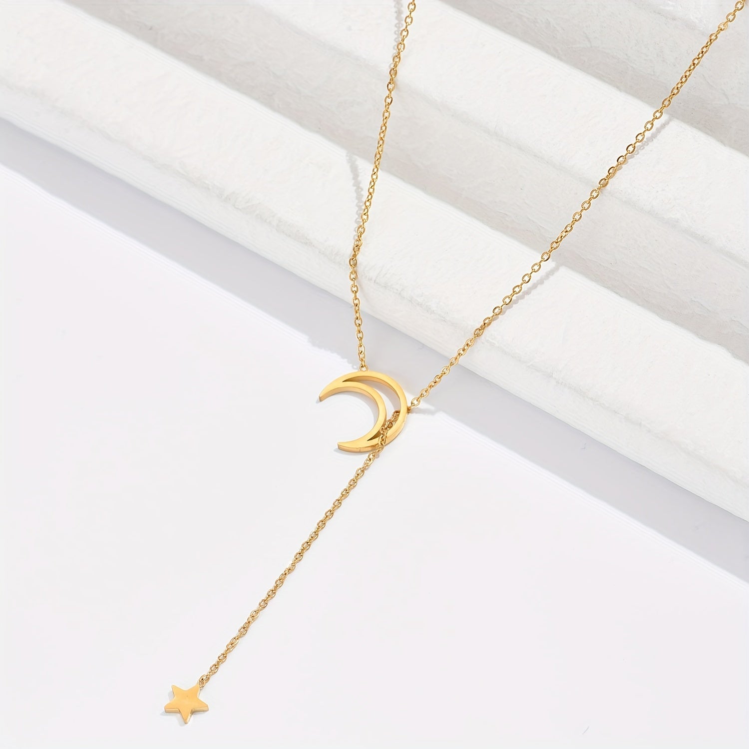 Stainless Steel Retro Moon Star Pendant Necklace 14K Plated Neck Jewelry Gift
