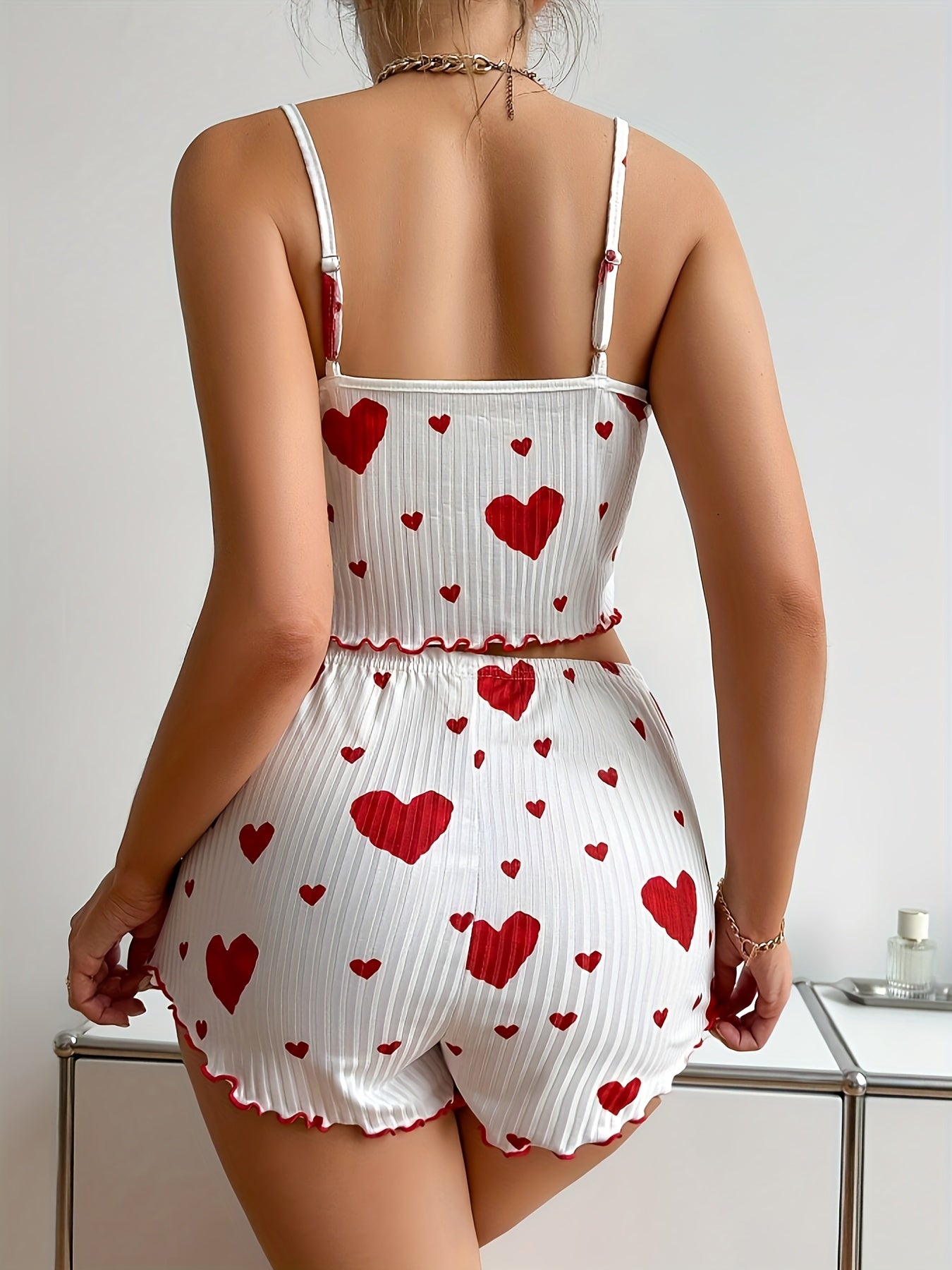 Women's Heart Print Sexy Ribbed Frill Trim Pajama Set, Round Neck Backless Crop Cami Top & Shorts, Comfortable Relaxed Fit, Summer Nightwear