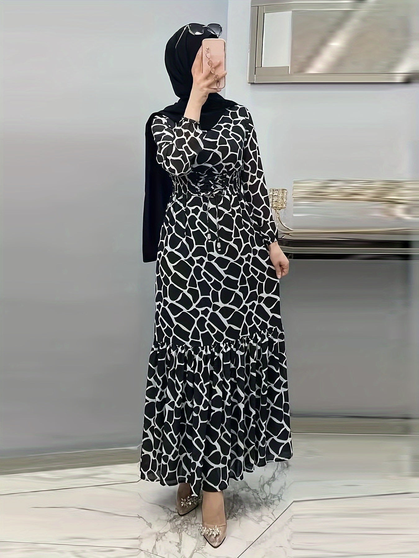 Allover Print Maxi Kaftan Dress, Casual Long Sleeve '/MH