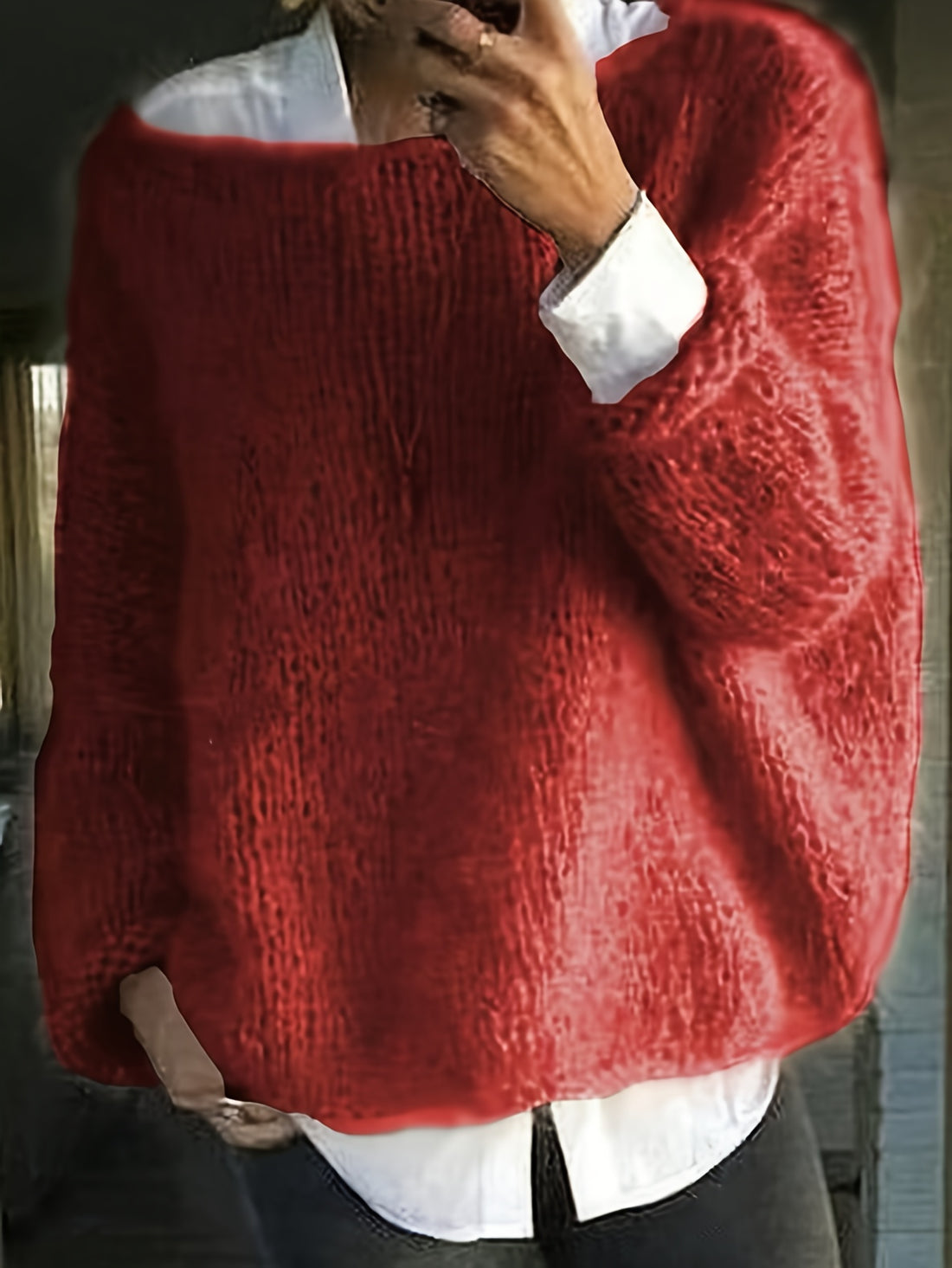 Luxurious Red Fleece Boat Neck Sweater for Women .