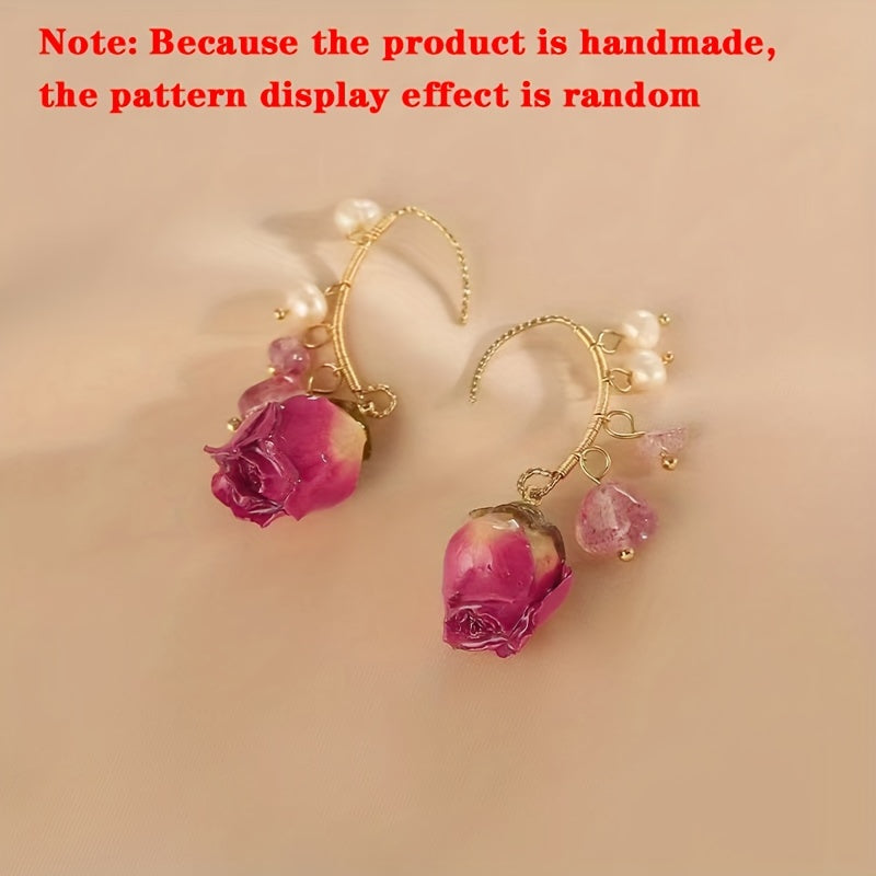 Delicate Eternal Rose Flower Earrings - Copper Jewelry with Faux Pearl Decor, Pastoral Elegant Style, Exquisite Gift for Women, Hypoallergenic, Nickel-Free, Durable, and Long-Lasting