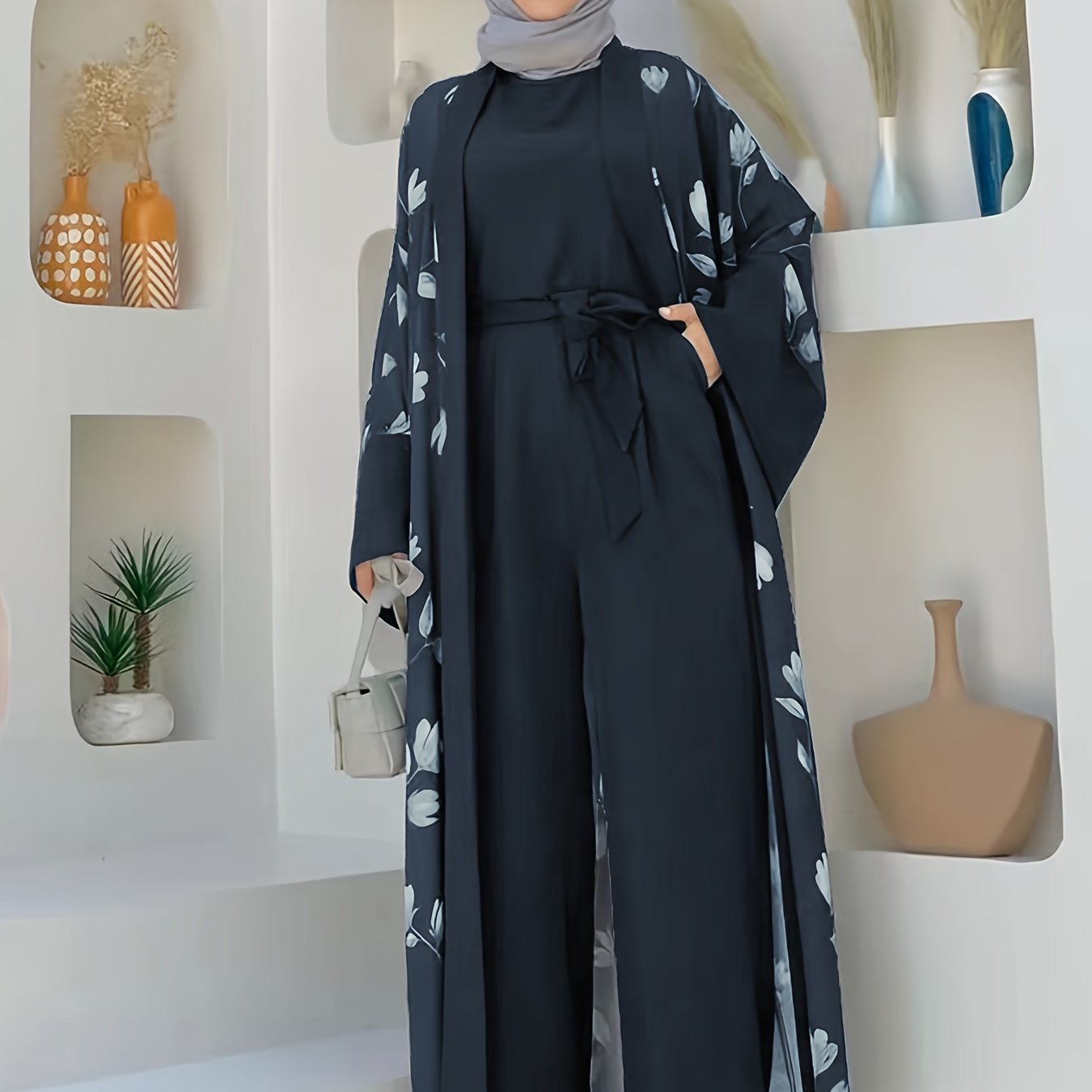 Ethnic Modest Dress Set Without Hijab, Floral Print Long Length leeveless , /MH