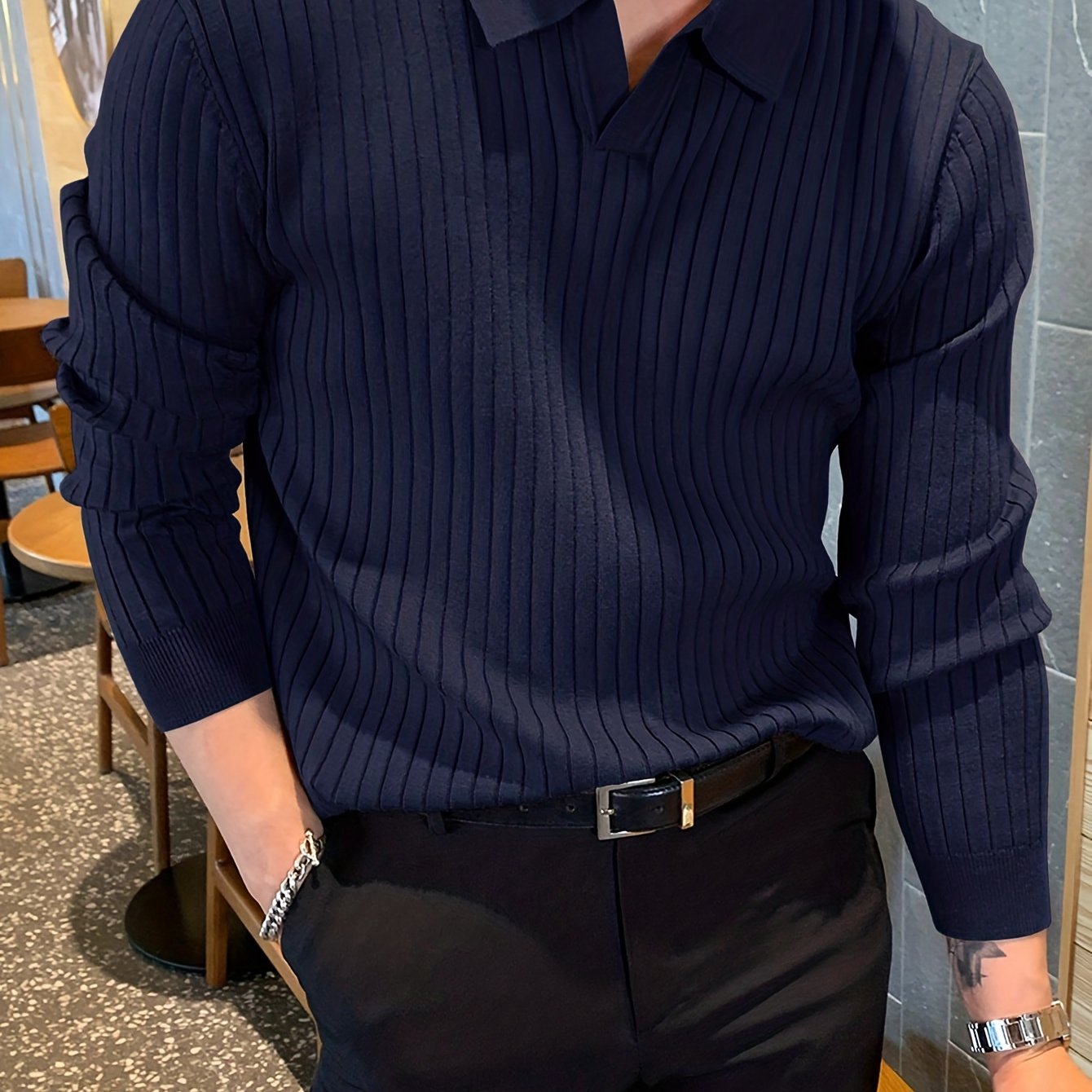 Chic Knit Shirt, Men's Casual Stylish Lapel Middle Stretch V-Neck .