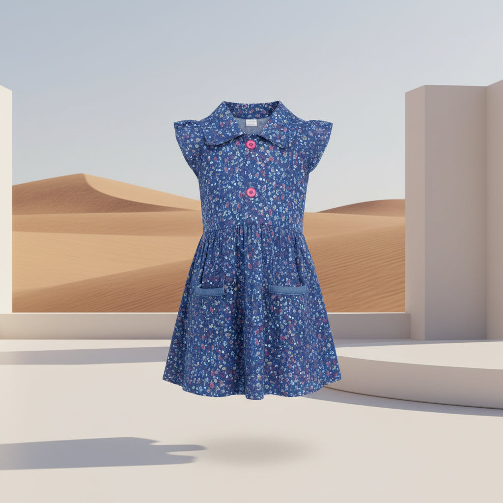 Girls' Navy Floral Short Sleeve Dress – Cotton A-Line Summer Dress with Pocket (6-36month) | MH