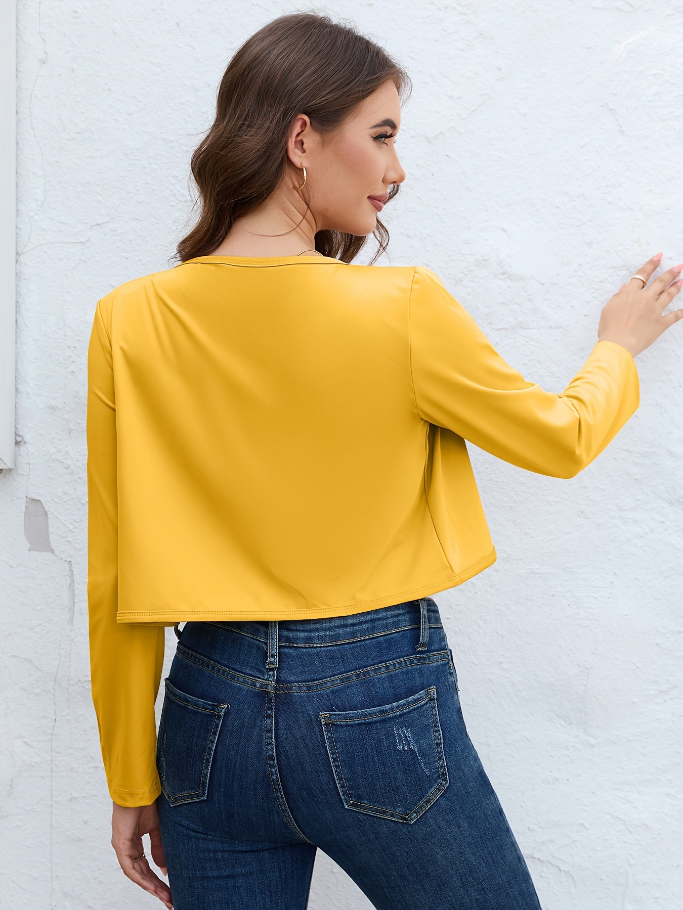 Solid Open Front Blazer, Casual Long Sleeve Crop Blazer For Work,