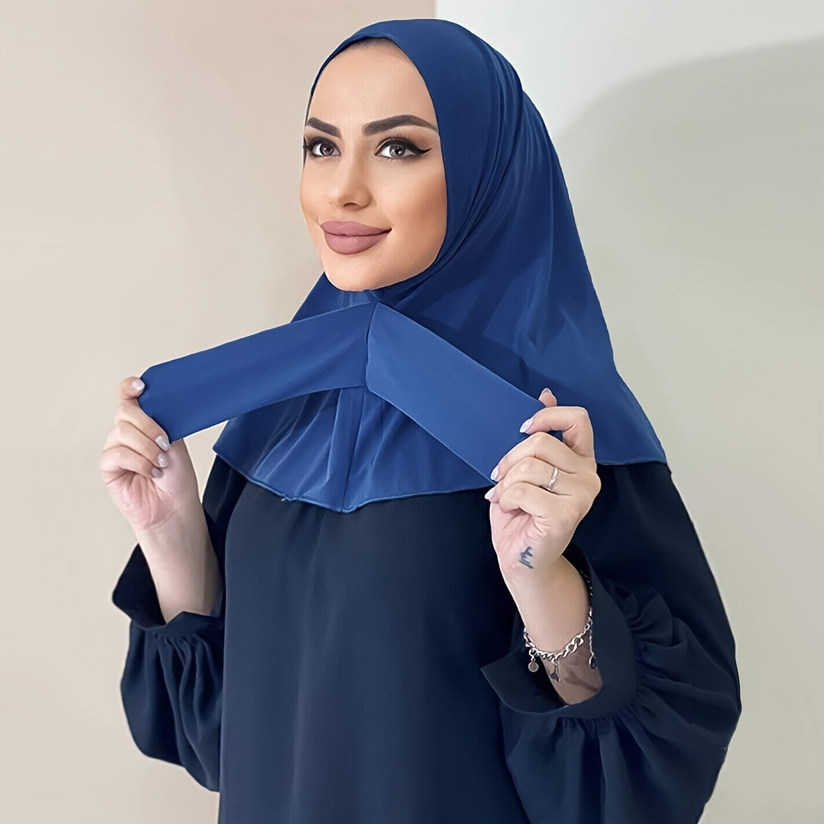 Solid Color Hijab Snap Button Adjustable Headscarf Casual Elastic '/MH