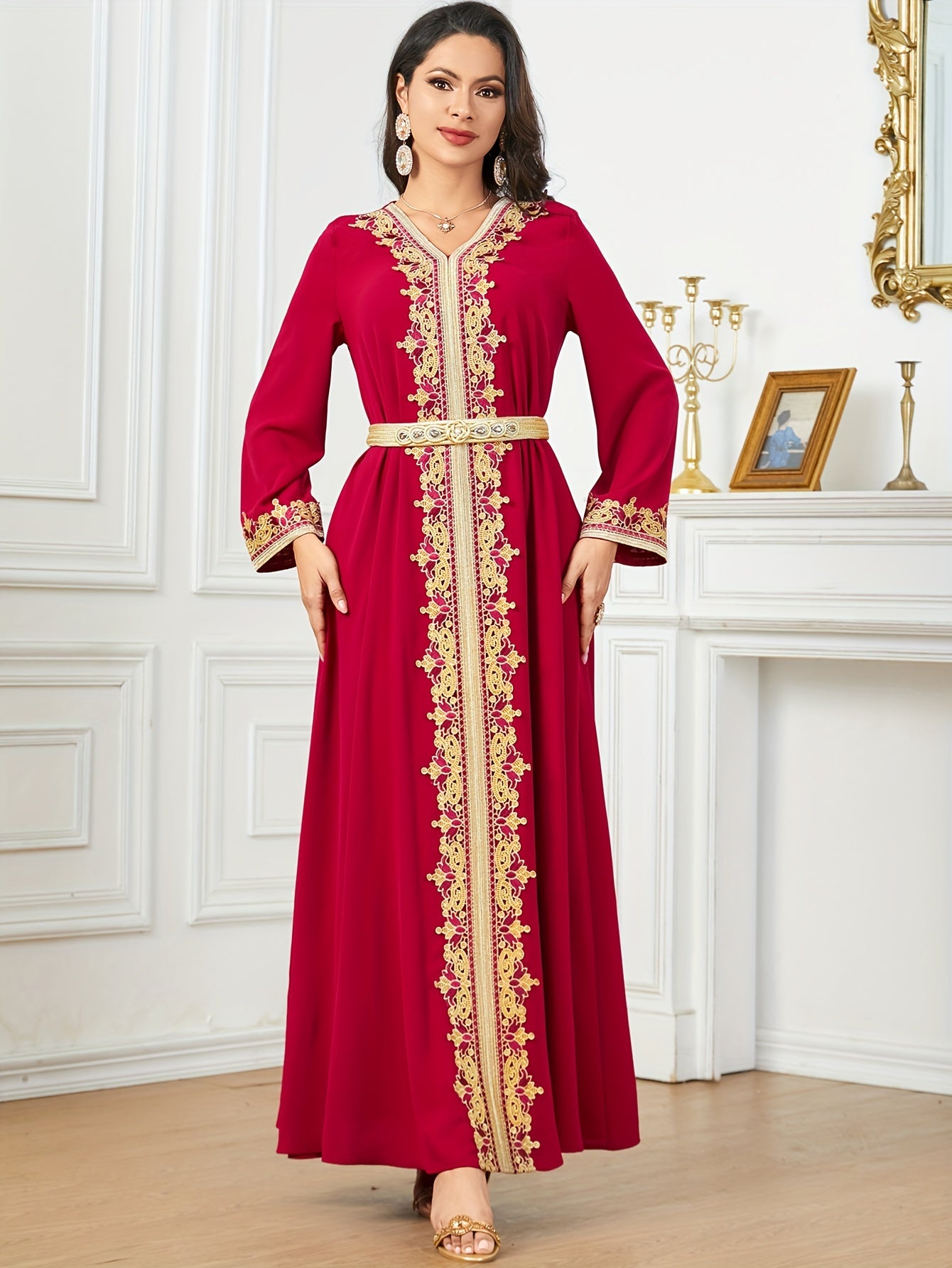 Contrast Lace V-neck Kaftan Dress, Elegant Long Sleeve'/MH