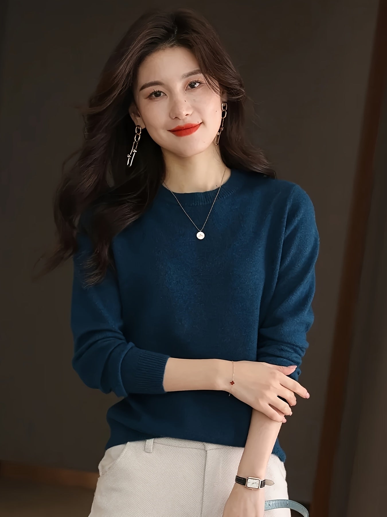 1pc Women'S 100% Wool Crew Neck Long Sleeve Knit Sweater,