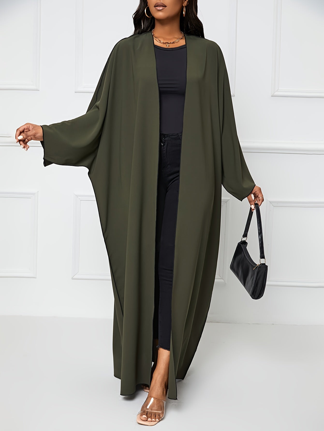 Solid Crew Neck Long Sleeve Kaftan Dress, /MH