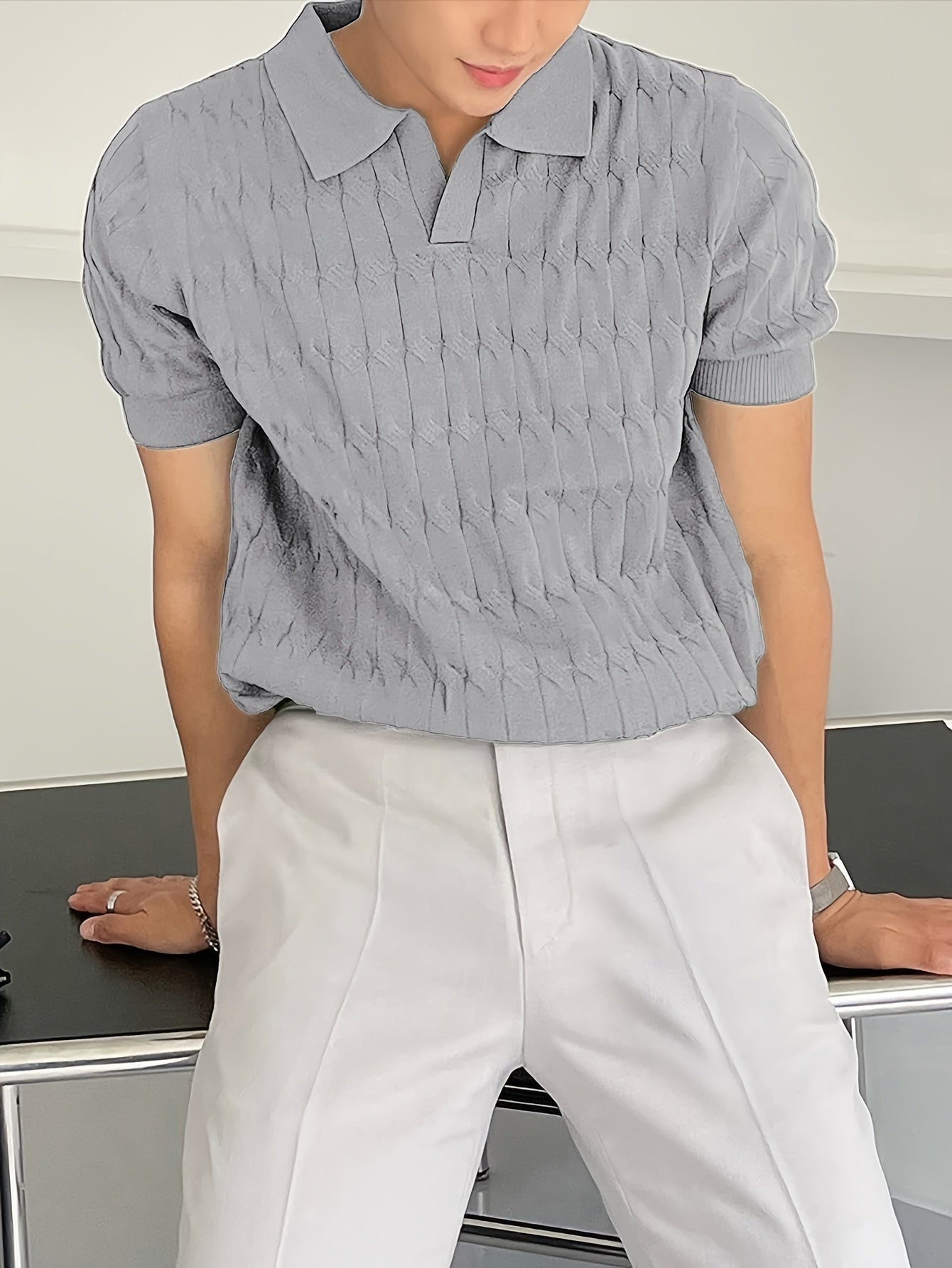 Chic Knit Shirt, Men's Casual Lapel Mid Stretch V-Neck Pullover Sweater
