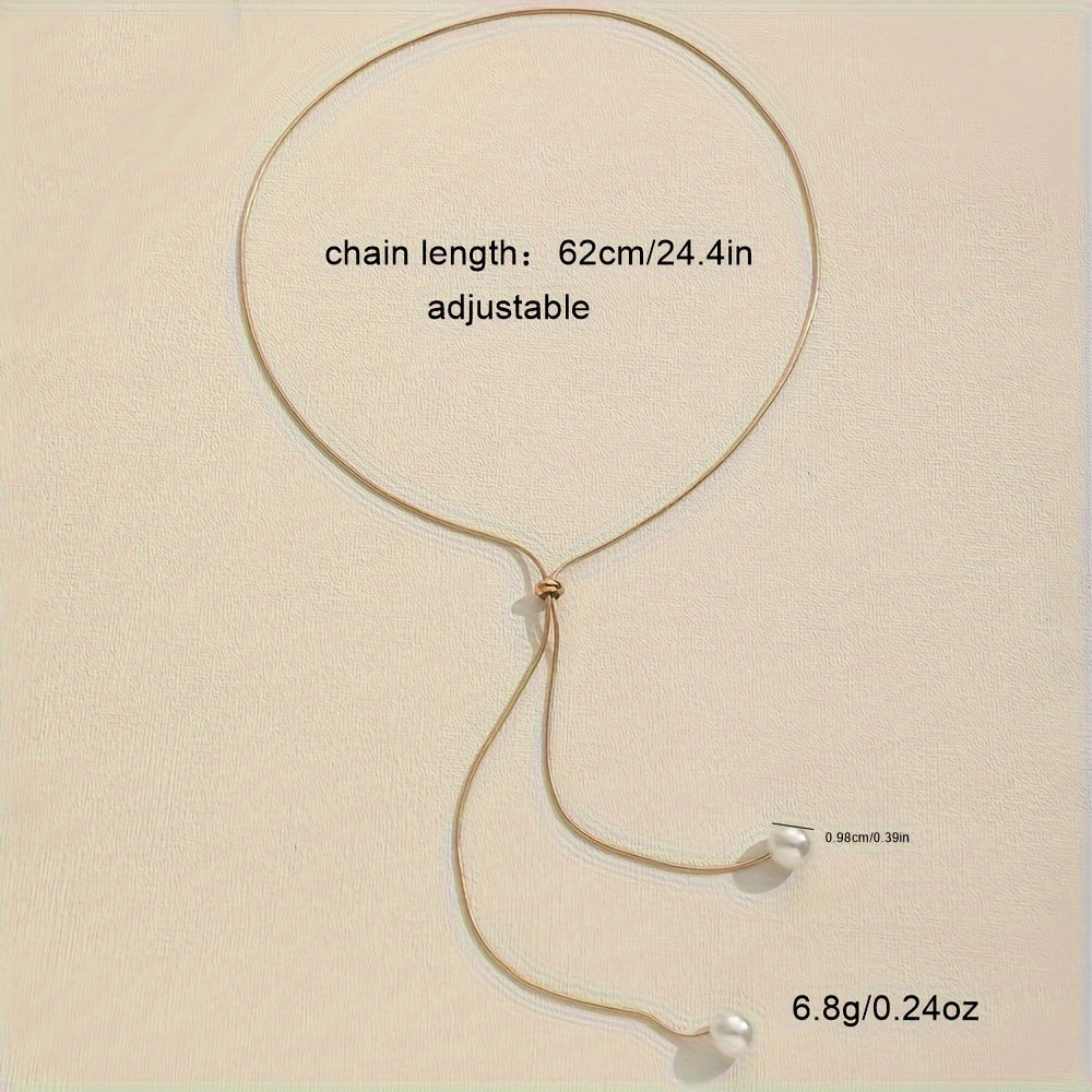 Simple Faux Pearl Pendant Adjustable Long Sweater Chain Necklace.