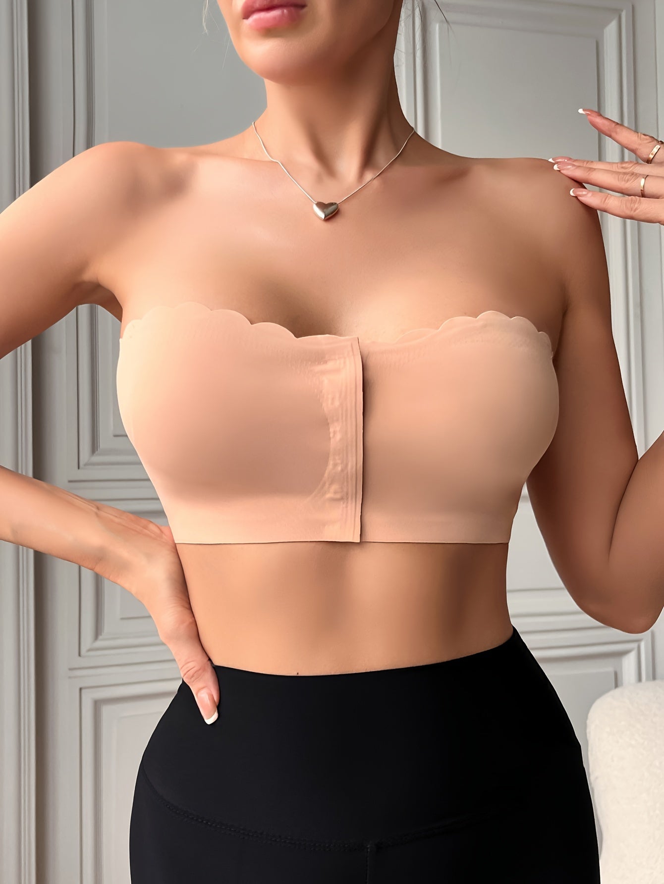 Solid Seamless Strapless Front Closure Wireless Strapless Bra,/MH