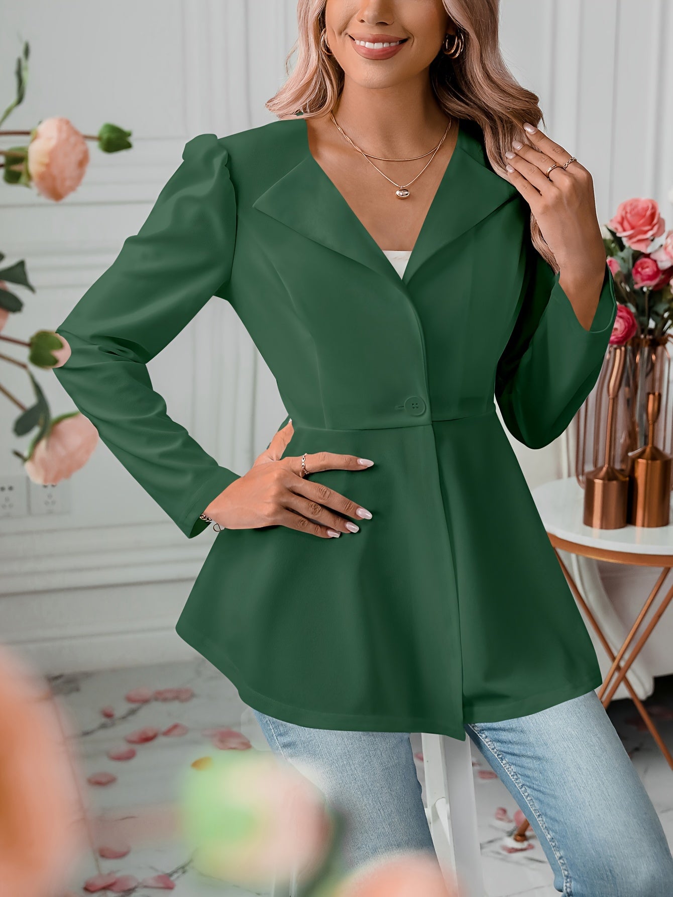 Notched Collar Flare Blazer, Elegant Long Sleeve Button Front Coat,