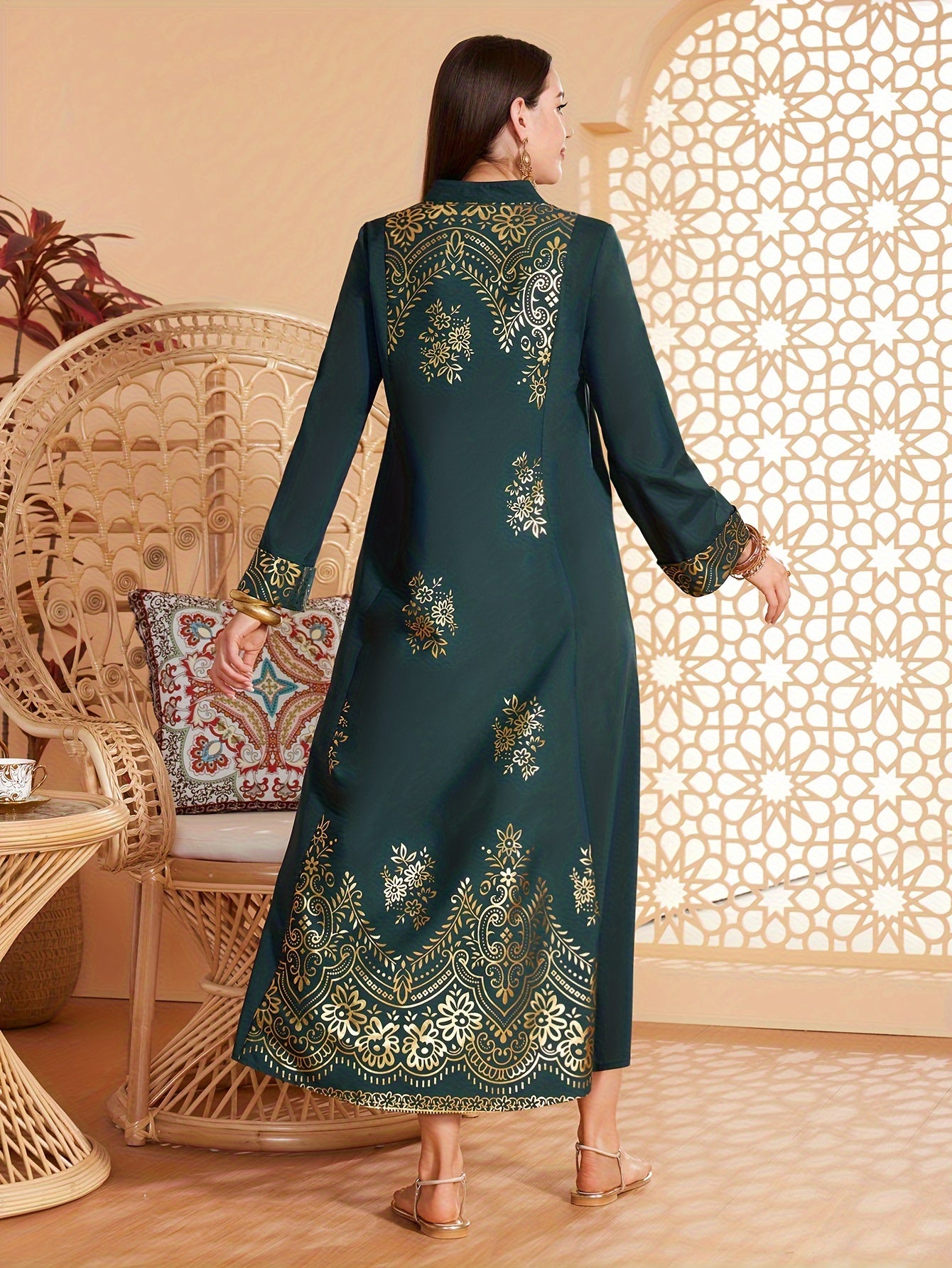Floral Print V Neck Kaftan Dress, Elegant Long Sleeve Loose Fit Dress, /MH