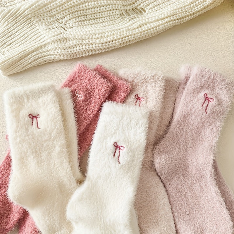 5pcs Women's Cozy Pink Bowknot Plush Socks - /MH
