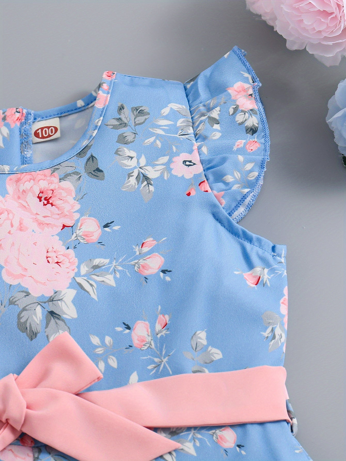 Toddler Girls Flowers Graphic Flutter Sleeve Belted Rompers Wide.