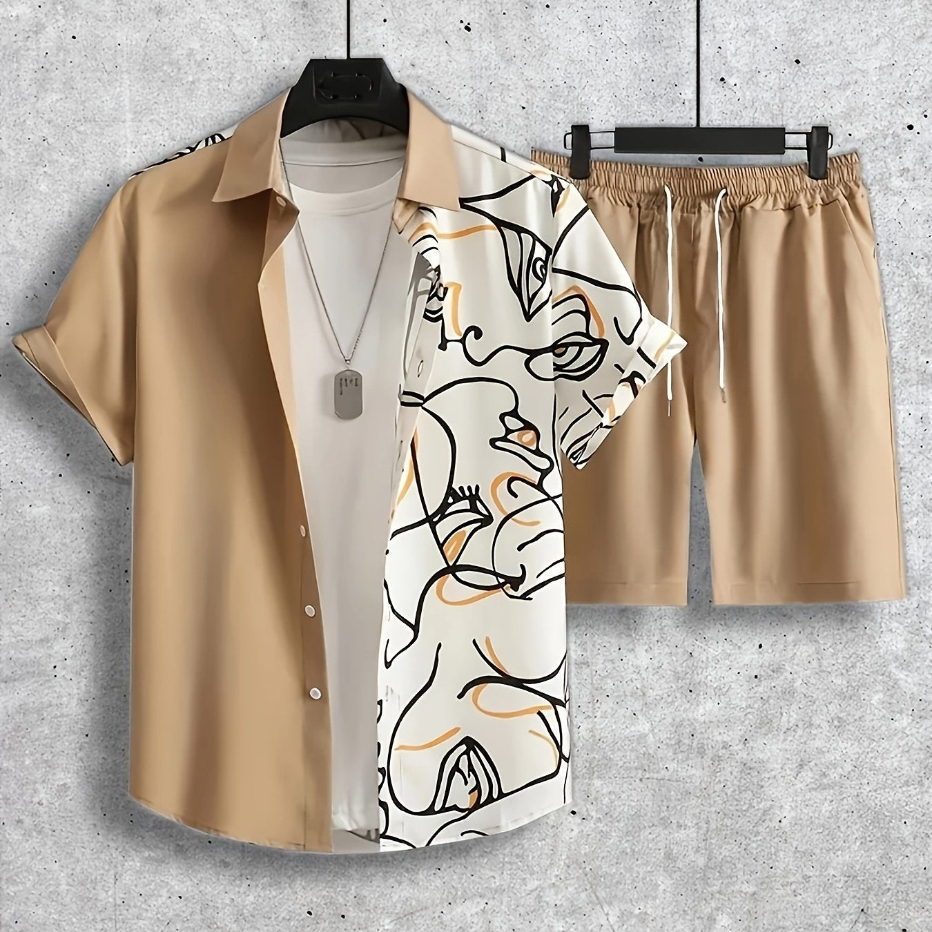 Abstract Painting Print, Men's 2Pcs Outfits, Casual Camp Collar Lapel Button Up.
