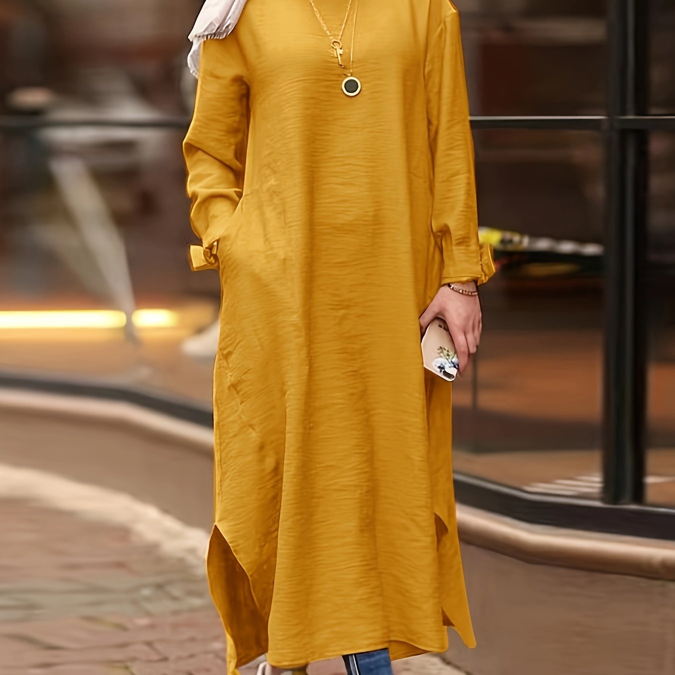 Solid Split Kaftan Dress, Modest Long Sleeve Maxi Dress '/MH