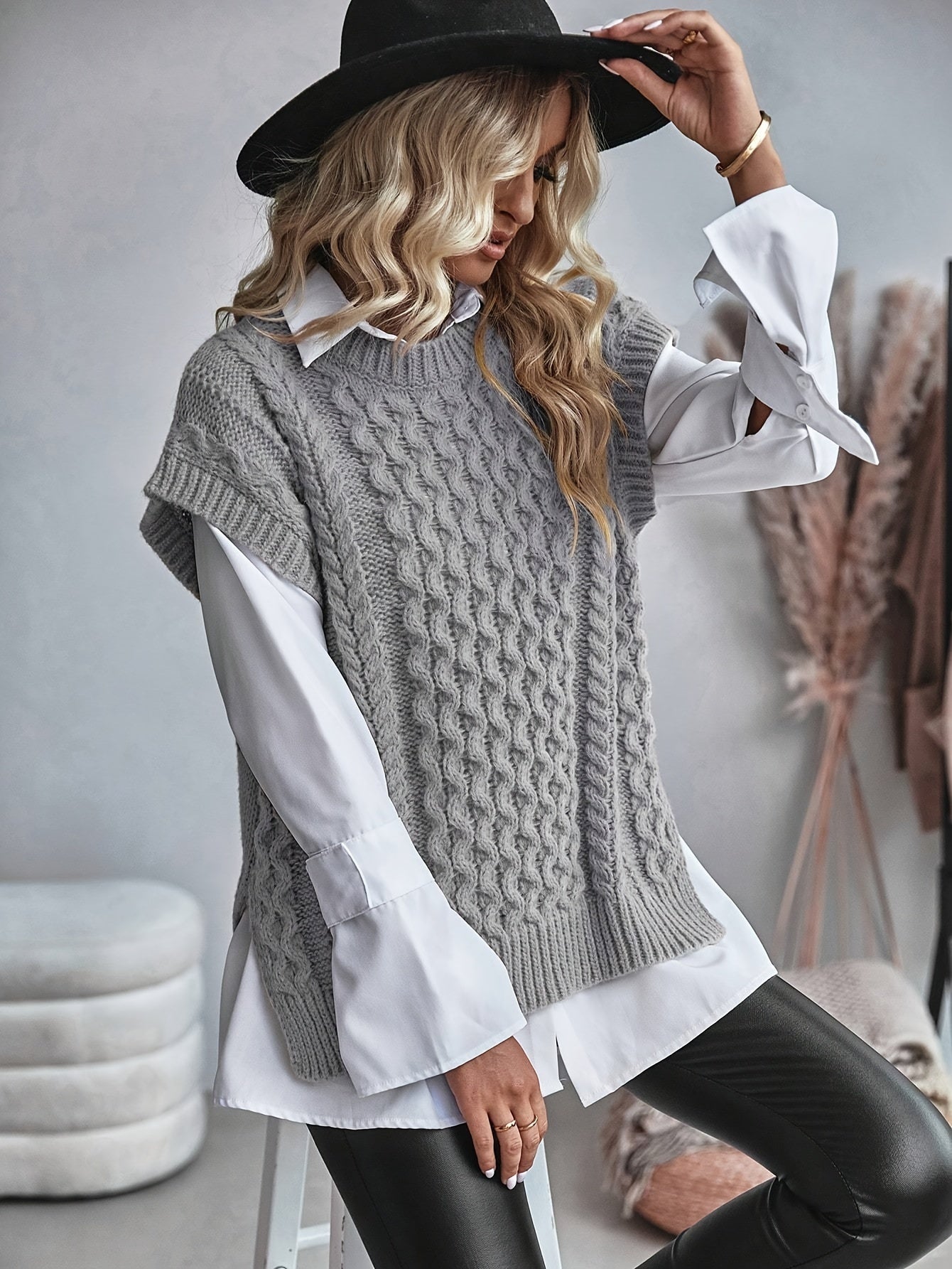 Casual Knitted Vest Top, Round Neck Sweater Hooded Vest,