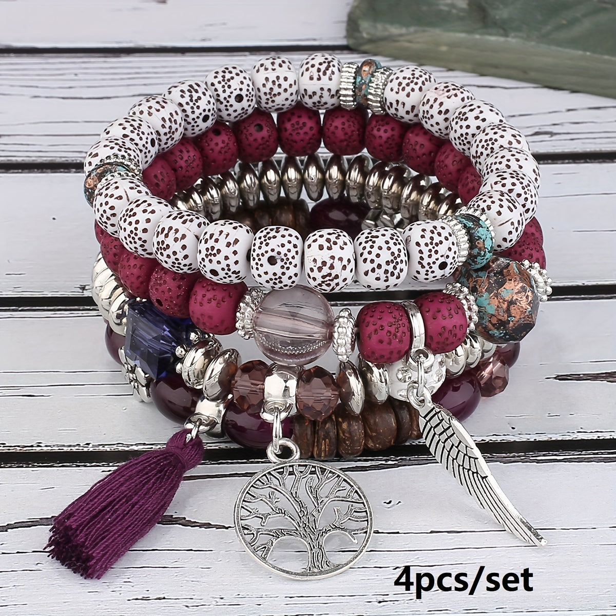 4pcs/set Bohemian Hand String, Tree Of Life Feather Wings Pendant Bracelet, Tassel Couple Handmade Unisex Bracelet, Father's Day Gift