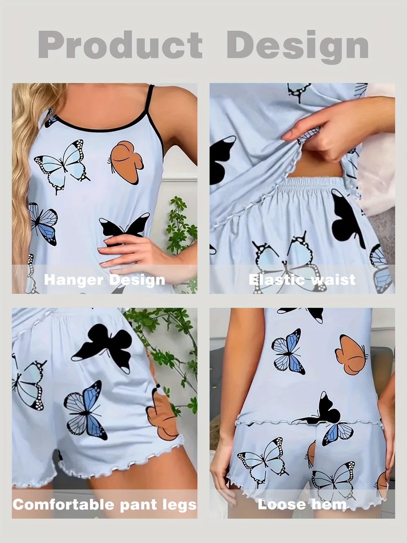 Casual Butterfly Print Lettuce Trim Pajama Set,